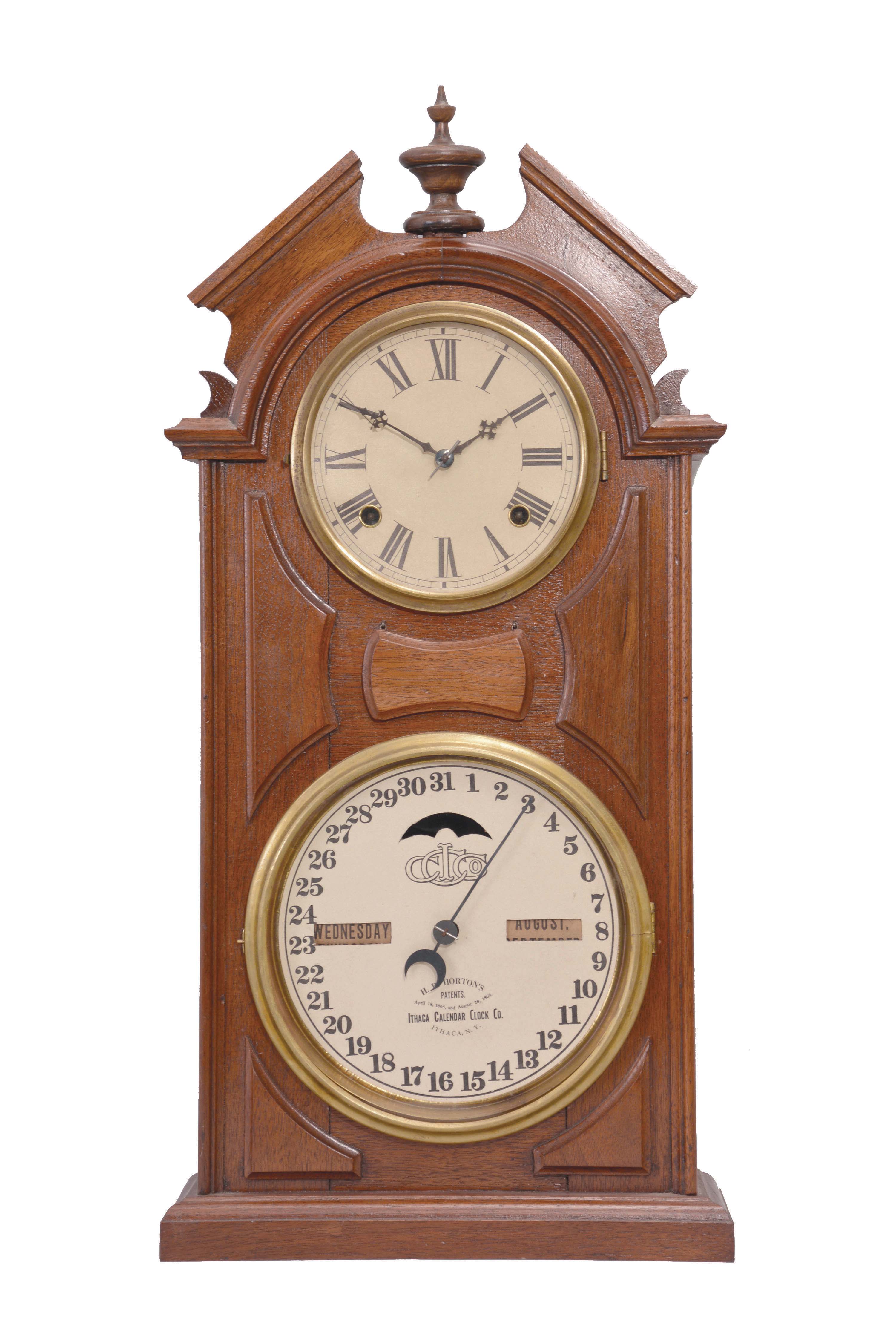 Ithaca Calendar Clock Co., Ithaca, New York, "No. 8, Shelf Library", 8 day, time and strike, spring brass movement double dial calendar shelf clock. — Antique Clocks Price Guide