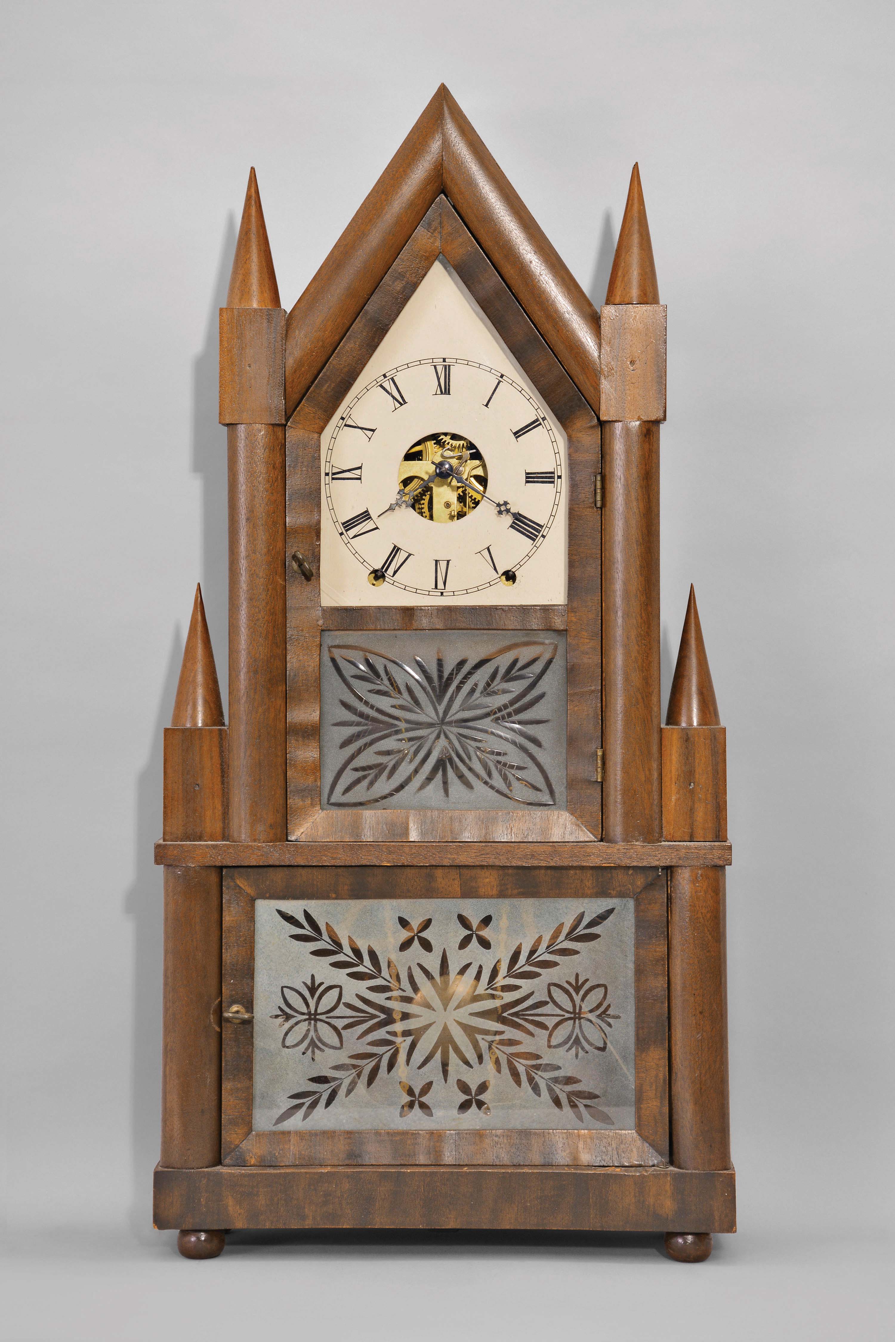 Birge & Fuller, Bristol, Conn., 8 day, time and strike wagon spring brass movement steeple on frame or double steeple shelf clock. — Antique Clocks Price Guide