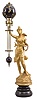 France, swinging mystery clock, 8 day, time only, spring-driven movement in blue painted hemisphere, the lower portion in gridiron style, ending with a smaller blue sphere, held aloft by a figure of a young woman in a flowing dress standing on a cast base which is mounted on a turned wood base.