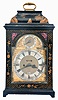 John Halifax Japanned Bracket Clock, London, with composite brass arch dial, silvered roman numeral chapter ring signed at six o'clock position, "John Halifax/London", recessed date aperture and faux pendulum, regulation dial in the arch, blued steel hands, matted centers and brass spandrels, the molded top case with japanned decoration of a Chinese pagoda and brass carrying handle at the top, dial door with floral decoration and pierced sound frets and sides both backed with red fabric, all resting on short bracket feet, the rear glazed door opens to the eight day, cable fusee, verge escapement movement with rack striking on the hour, back plate fully engraved with centered woman playing a violin, rise and fall pendulum with small brass bob and pendulum holder.