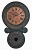 Baird Clock Manufacturing Co., Plattsburgh, New York, "Jolly Tar Pastime Old Honesty Plank Rd", advertising wall clock, 8 day, time only, spring driven movement in a painted mixed wood case with papier mache doors displaying embossed advertising including the "TOBACCO MAN'F'RS LOUSIVILLE, KY." on the inner ring of lower door, "COMPLIMENTS OF JOHN FINZER & BRO'S" on the outer ring of lower door and "BOOT JACK" and "FIVE BROS" on medallions below papered metal dial