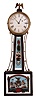 Derry Mfg. Co., Derry, NH, for Bigelow, Kennard & Co., Boston, Patent timepiece or banjo clock, 8 day, time only, weight-driven movement in a mahogany case with painted metal dial and reverse painted glass tablets depicting Hull's Victory in a naval battle of the War of 1812, c1910.