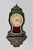 Switzerland, an inlaid, ebonized "Pendule Neuchateloise" style clock with matching bracket, the case with painted flowers, brass line inlay, and foliate designs of pewter and brass which are carried through to the bracket, case door with pierced, fabric backed fret below bezel glass, roman numeral white painted dial with gold painted embellishments, blued steel Breguet style hands, 8 day, two train movement with square plates, silk thread suspension, and striking on a gong attached to the case back
