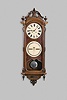Ithaca Calendar Clock Co., Ithaca, New York, "No. 0 Bank", hanging 8 day, timepiece with perpetual calendar, weight driven movement in a walnut case with a carved pediment top, carved base and upper and lower finials with painted metal dials
