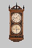 Ithaca Calendar Clock Co., Ithaca, New York, "Regulator No. 1" wall clock, 8 day weight driven Welch movement with perpetual calendar in a walnut case with three finals, ebonized composition ornaments, carved top and bottom and exposed pendulum rod forward of calendar dial with two papered metal dials.