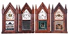 Clocks- 4 (Four): (1) Ansonia Clock Co., Ansonia, Conn., 8 day, time, strike and alarm spring brass movement sharp gothic or steeple clock, c1852 (2) Chauncey Jerome, New Haven, Conn., 30 hour, time and strike, spring brass movement sharp gothic or steeple clock, c1850 (3) Terry & Andrews, Bristol, Conn., 8 day, time and strike, spring brass movement sharp gothic or steeple clock, c1845 (4) Elisha Manross, Bristol, Conn., 30 hour, time and strike, spring brass movement sharp gothic or steeple clock, c1845.