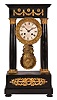 Vincenti & Cie, Paris, France, French empire four-column portico clock, 8 day, time and bell strike, spring-driven pendule de Paris movement in an ebonized wood case with elaborate gilt bronze ornaments, bezel, and pendulum, 3.5 inch silvered guilloche dial with Roman numerals, Breguet style blued steel hands.