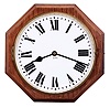 England, double-sided postal clock, 8 day, time only, spring driven fusee movement in an octagonal mahogany case with ogee molded edge, two 12 inch painted white metal dials under glass on opposite sides, both with Roman numerals and the letters "G.P.O." (General Post Office) below the center arbor, spade steel hands.