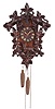 Germany, cuckoo wall clock, 30 hour, time and gong strike with animated cuckoo bird, weight driven brass movement in a wood case featuring foliage, grapes, and a fox carved in the round below the dial, painted wood cuckoo with articulated beak and wings, the dial with bone hands.