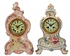 Clocks- 2 (Two): (1) French porcelain shelf clock with a L. P. Japy et Cie spring driven, 8 day, time and strike movement in a Royal Bonn porcelain case, c1890. (2) Ansonia Clock Co., New York, unidentified model shelf clock in a porcelain case with a spring driven, 8 day, time and strike movement, c1900.