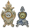 Clocks- 2 (Two): (1) French, Japy Freres, 8 day, time and strike, spring brass movement porcelain case mantel clock, c1900 (2) French, Japy Freres, 8 day, time and strike, spring brass movement porcelain case mantel clock, c1900