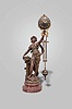 France, an attractive, small swinger, "Nymph with Roses", turned wooden, faux tortoise shell base with engraved plaque "Nymphe aux Rose par Moreau", supporting the patinated spelter figure of a young woman, in flowing dress, with column and basket of flowers, the swinging timepiece held aloft in her left hand, the 8 day movement contained in a patinated sphere with applied roman numerals and Louis XV style hands, and attached to the faux gridiron, compound pendulum, clock movement and pendulum marked "S.E.F.I.A. France"