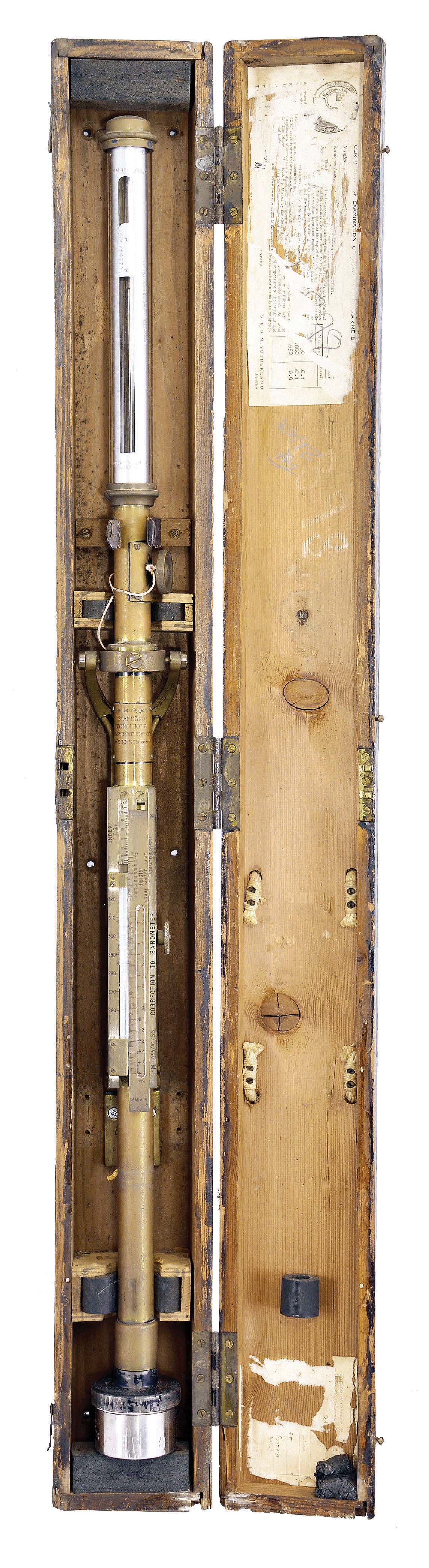 Negretti and Zambra, London, "Marine Barometer Mk. 2", mercury barometer with a brass main tube, correction scales for "Height Above Water Line", weighted base, gimbal mounted in a wood case. — Antique Clocks Price Guide