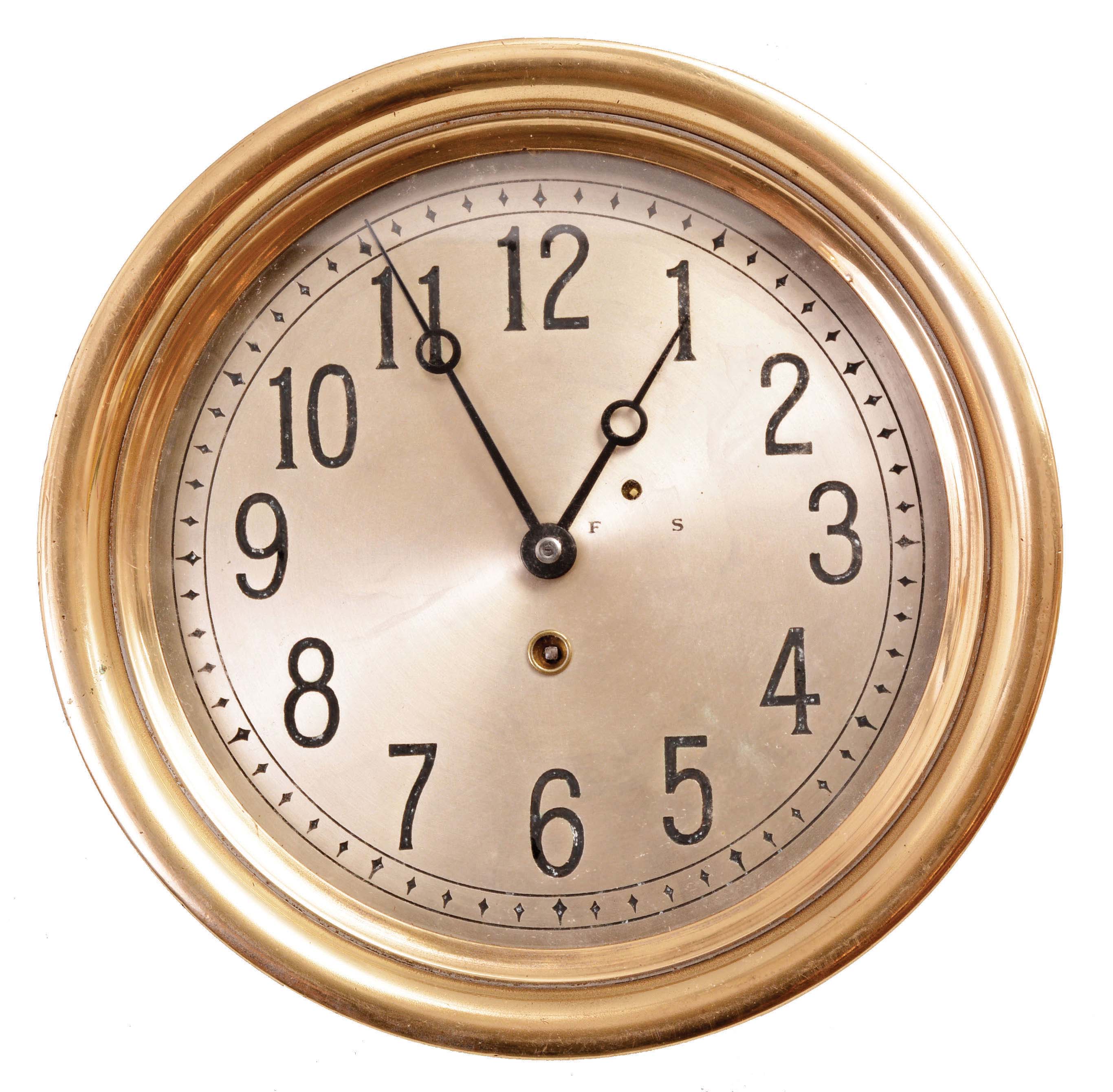 Chelsea Clock Co., Boston, Mass., 8-Inch dial timepiece, 8 day, time only, spring driven movement with lever escapement in a brass case with bayonet-fitted bezel and silvered dial, movement serial number 84839, c1912. — Antique Clocks Price Guide