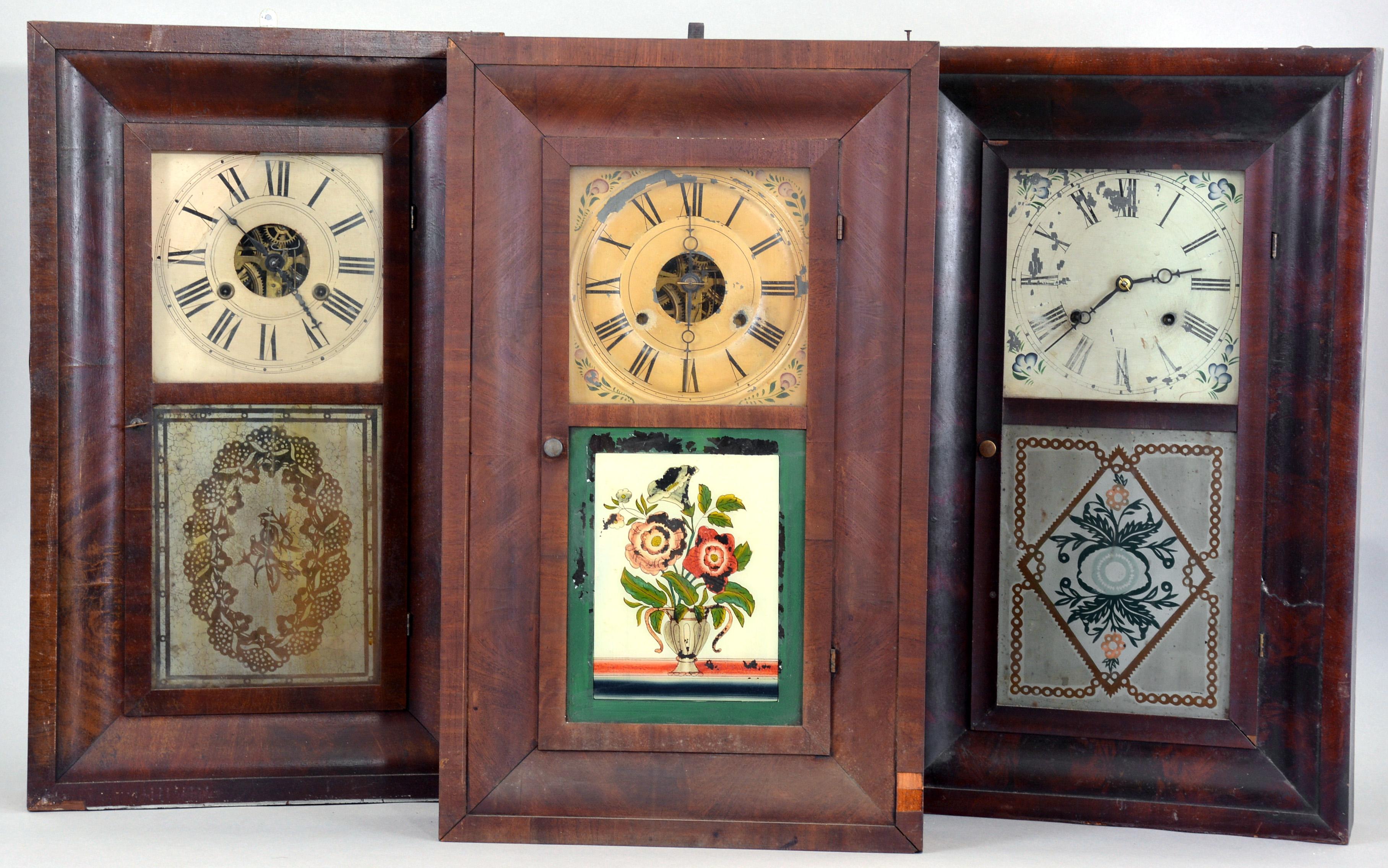 Clocks- 6 (Six): (1) C. & H. S. Sawyer, Colebrook River, Conn., 30 hour, time and strike, weight brass movement OG shelf clock, c1840; (2) Alden A. Atkins, Bristol, Conn., 30 hour, time and strike, weight brass movement OG shelf clock, c1842. (3) Chauncey Jerome, New Haven, Conn., 30 hour, time and strike, weight brass movement OG shelf clock, c1845. (4) Morse & Co., Plymouth Hollow, Conn., 30 hour, time and strike, weight brass movement OG shelf clock, c1850 (5) Seth Thomas Clock Co., Plymouth Hollow Hollow, Conn., 30 hour, time and strike, weight brass movement OG shelf clock, c1860 (6) Chauncey Jerome, New Haven, Conn., 30 hour, time and strike, weight brass movement OG shelf clock, c1850 — Antique Clocks Price Guide