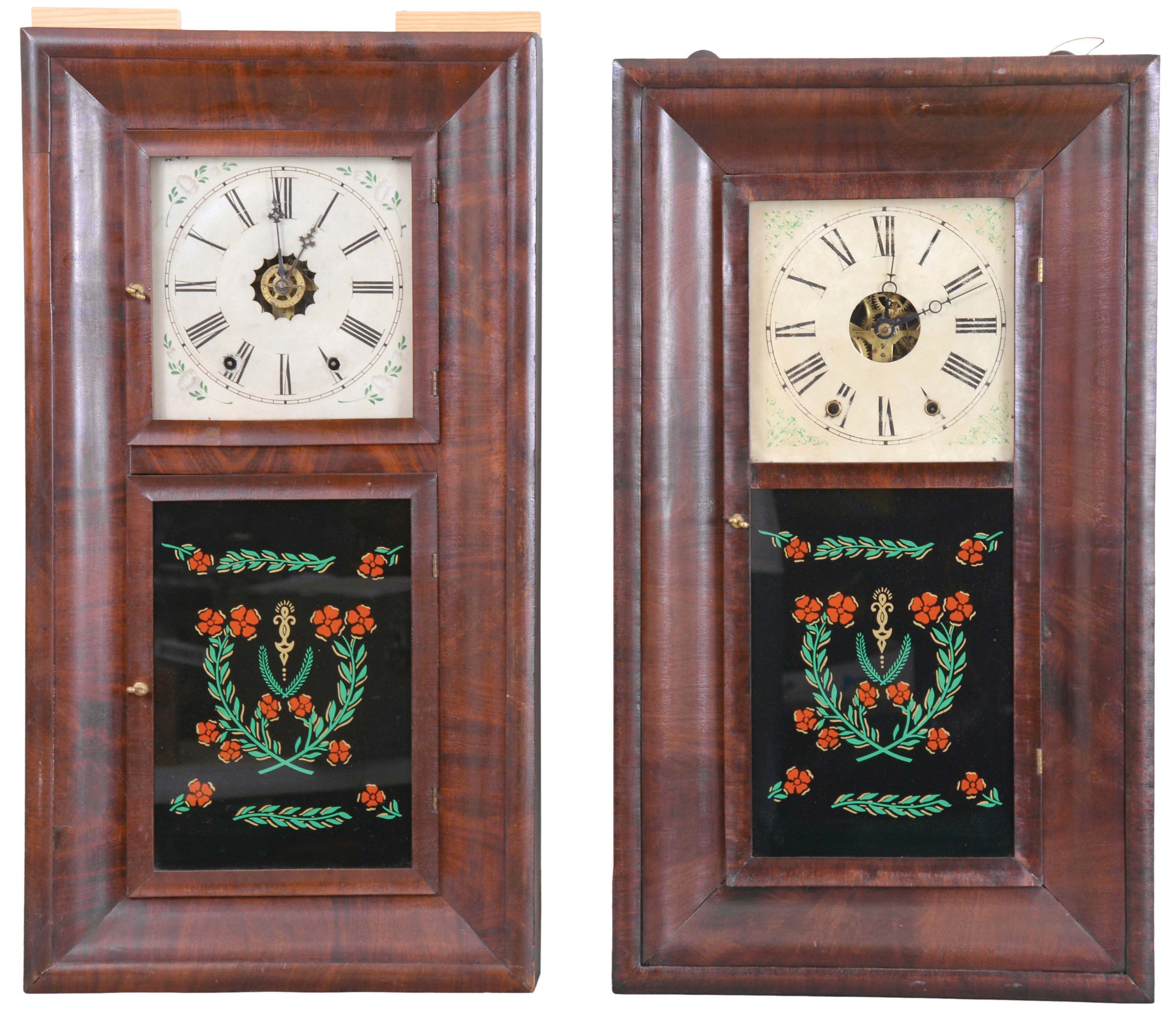 Clocks- 8 (Eight): (1) Frank & Co., New York, 30 hour, time and strike, weight OG shelf clock, c1850; (2) Terry & Andrews, Bristol, Conn., 30 hour, time and strike, weight brass movement OG shelf clock, c1850. (3) Unknown, 30 hour, time and strike, weight OG shelf clock, c1850 (4) H. Welton & Co., Terrysville, Conn., 30 hour, time and strike, weight brass movement OG shelf clock, c1840 (5) Wm. L. Gilbert Clock Co., Winsted, Conn., 30 hour, time and strike brass movement OG shelf clock, c1860. (6) New Hartford Mfg. Co., New Hartford, Conn., 30 hour, time and strike, weight brass movement OG shelf clock, c1855. (7) William S. Johnson, New York, 8 day, time and strike, weight brass movement OG shelf clock, c1850. (8) William L. Gilbert Clock Co., Winsted, Conn., 8 day, time and strike, weight brass movement OOG shelf clock, c1860 — Antique Clocks Price Guide