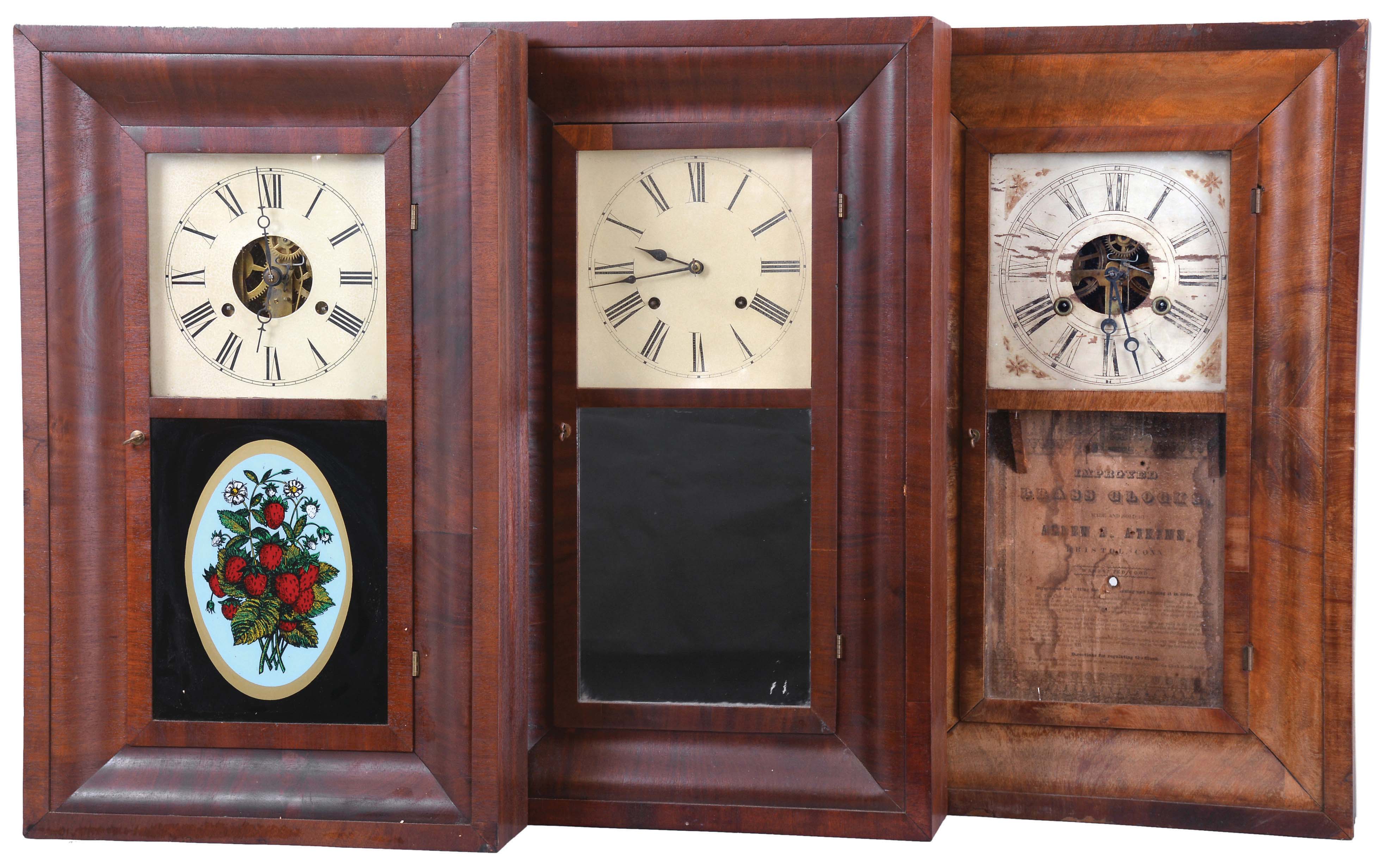 Clocks- 8 (Eight): (1) Atkins, Porter & Co., Bristol, Conn., 30 hour, time and strike, weight brass movement OG shelf clock, c1845; (2) William S. Johnson, New York, 30 hour, time and strike, weight brass movement OG shelf clock, c1850 (3) E. N. Welch Mfg. Co., Forestville, Conn., 30 hour, time and strike, weight brass movement OG shelf clock, c1860. (4) Ansonia Clock Co., Ansonia, Conn., 30 hour, time and strike, weight brass movement OG shelf clock, c1860. (5) Seth Thomas Clock Co., Plymouth Hollow Hollow, Conn., 30 hour, time and strike, weight brass movement OG shelf clock, c1860. (6) H. Welton & Co., Terrysville, Conn., 30 hour, time and strike, weight wood movement empty OG shelf clock case, c1840 (7) Smith & Goodrich, Forestville, Conn., 30 hour, time and strike, weight brass movement OG shelf clock, c1850. (8) Alden A. Atkins, Bristol, Conn., 30 hour, time and strike, weight brass movement OG shelf clock, c1843. — Antique Clocks Price Guide