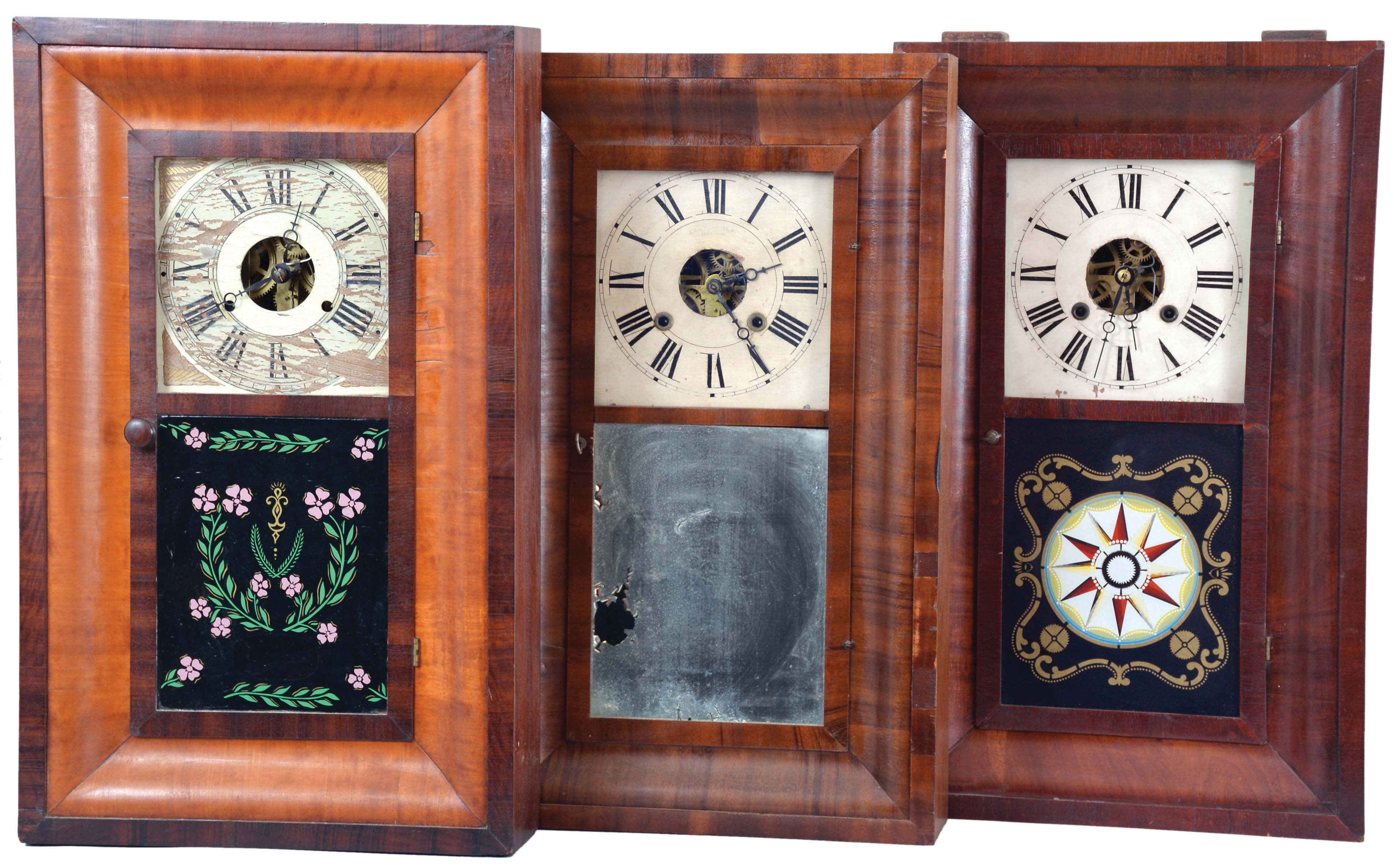 Clocks- 8 (Eight): (1) H. Welton & Co., Terrysville, Conn., 30 hour, time and strike, weight brass movement OG shelf clock, c1840; (2) J. J. & W. Beals, Boston, Mass., 30 hour, time and strike, weight brass movement OG shelf clock, c1850. (3) J. (Joel) Lane, Southington, Conn., 30 hour, time and strike, weight brass movement OG shelf clock, c1845. (4) E. N. Welch Mfg. Co., Forestville, Conn., 30 hour, time and strike, weight brass movement OG shelf clock, c1860. (5) Wm.L. Gilbert Clock, Winsted, Conn., 30 hour, time and strike, weight brass movement OG shelf clock, c1860. (6) Seth Thomas Clock Co., Thomaston, Conn., 30 hour, time, strike and alarm weight brass movement OG shelf clock, c1870. (7) Seth Thomas Clock Co., Thomaston, Conn., 30 hour, time and strike, weight brass movement OG shelf clock, c1870 (8) New Haven Clock Co., New Haven, Conn., 30 hour, time and strike, weight brass movement OG shelf clock, c1855. — Antique Clocks Price Guide