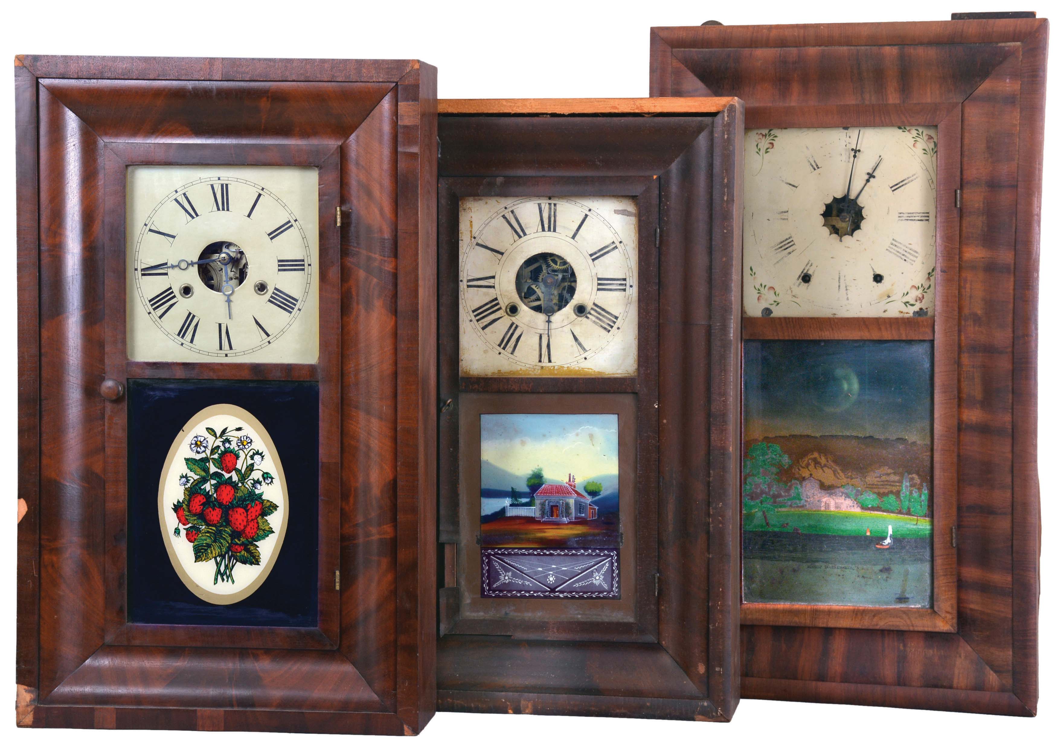 Clocks- 8 (Eight): (1) William S. Johnson, New York, 30 hour, time and strike, weight brass movement OG shelf clock, c1850; (2) Waterbury Clock Co., Waterbury, Conn., 8 day, time and strike, weight brass movement OG shelf clock, c1860 (3) Henry A. Miller, Southington, Conn., 30 hour, time and strike, weight brass movement OG shelf clock, c1832 (4) Brewster Manufacturing Co., Bristol, Conn., 30 hour, time and strike, weight brass movement OG shelf clock, c1855. (5) Waterbury Clock Co., Waterbury, Conn., 30 hour, time and strike, weight brass movement OG shelf clock, c1860 (6) Edward L. Dunbar, Bristol, Conn., 30 hour, time and strike, weight brass movement OG shelf clock, c1850. (7) H. Welton & Co., Terrysville, Conn., 30 hour, time and strike, weight brass movement OG shelf clock, c1841 (8) Alanson Richards, Bristol, Conn., 30 hour, time and strike, weight brass movement OG shelf clock, c1840. — Antique Clocks Price Guide