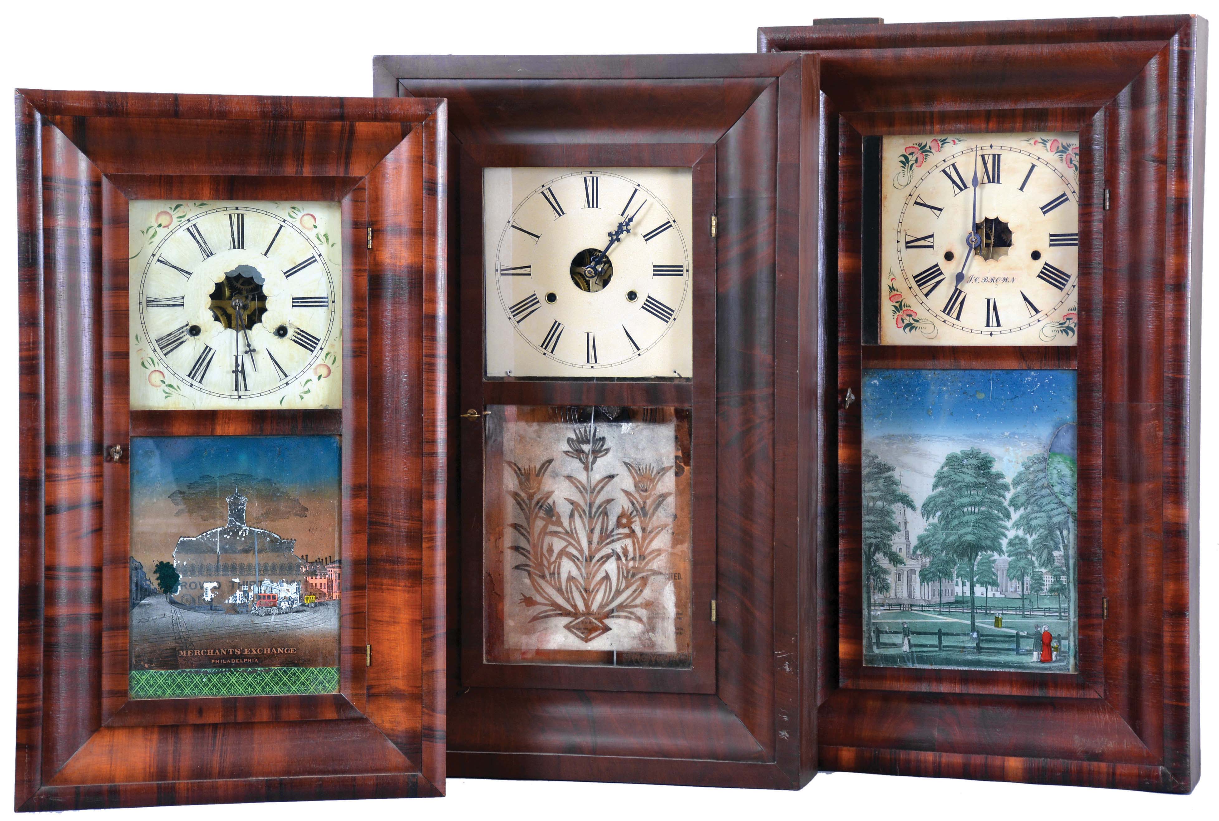 Clocks- 8 (Eight): (1) Charles Stratton, Worcester, Mass., 30 hour, time and strike, weight brass movement OG shelf clock, c1842; (2) E. N. Welch Mfg. Co., Forestville, Conn., 30 hour, time and strike, weight brass movement OG shelf clock, c1860 (3) New England Clock Co., Farmington, Conn., 8 day, time and strike brass lever movement Westminster chime OG shelf clock, c1980. (4) C. Boardman, Bristol, Conn., 30 hour, time and strike, weight brass movement OG shelf clock, c1845. (5) Ansonia Clock Co., Ansonia, Conn., 30 hour, time and strike, weight brass movement OG shelf clock, c1860 (6) J. C. Brown, Forestville, Conn., 8 day, time and strike, weight brass movement OG shelf clock, c1850 (7) M. Welton's Clocks, New York, 30 hour, time and strike, weight brass movement OG shelf clock, c1842 (8) E. N. Welch Mfg. Co., Forestville, Conn., 30 hour, time and strike, weight brass movement OG shelf clock, c1860 — Antique Clocks Price Guide