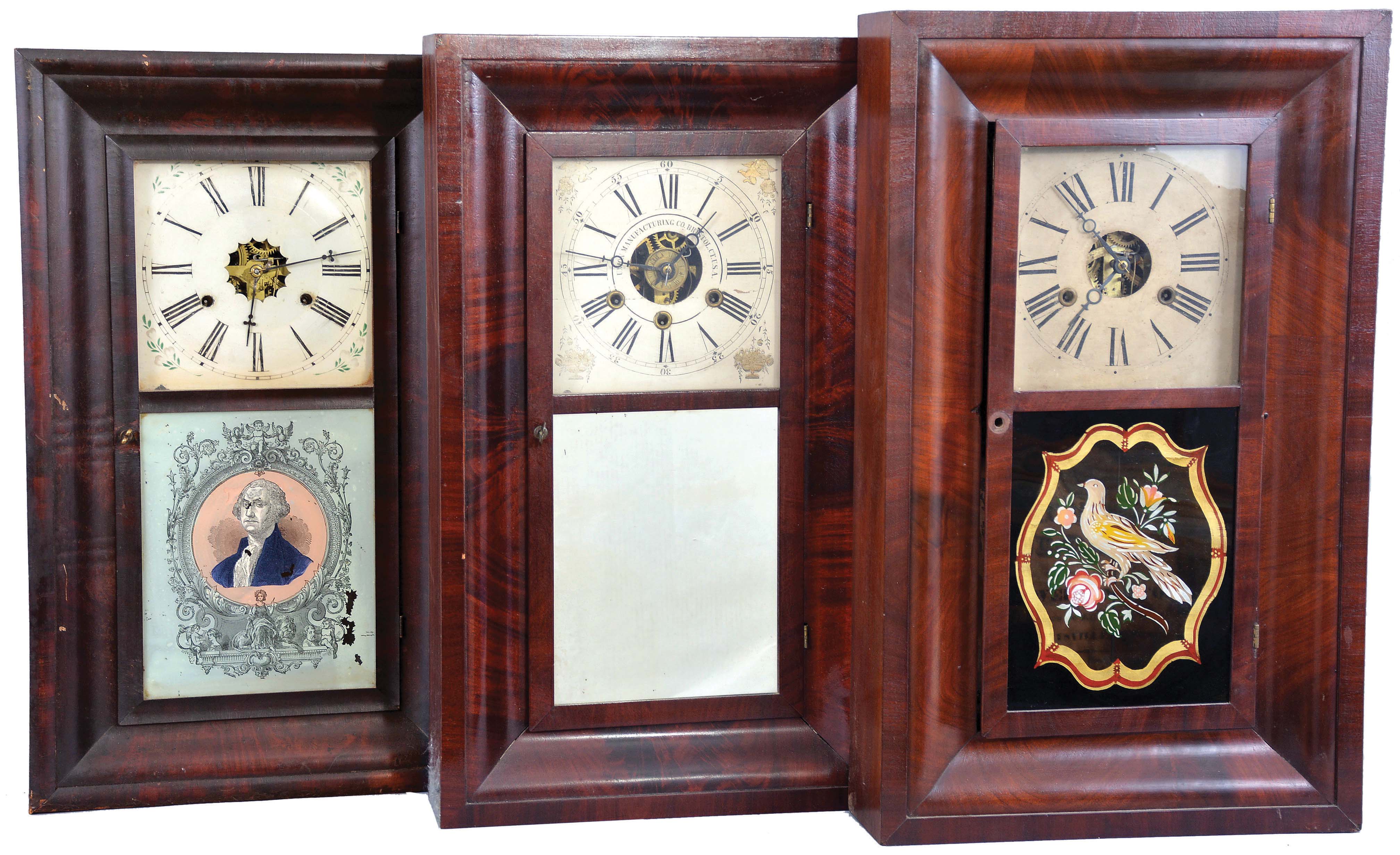 Clocks- 6 (Six): (1) E. & H. A. Bills, Colebrook River, Conn., 30 hour, time and strike, weight brass movement OG shelf clock, c1844; (2) Seth Thomas Clock Co., Plymouth Hollow, Conn., 30 hour, time and strike, weight brass movement OG shelf clock, c1860 (3) Morse & Co., Plymouth Hollow, Conn., 30 hour, time and strike, weight brass movement OG shelf clock, c1855. (4) H. Welton & Co., Terrysville, Conn., 30 hour, time and strike, weight brass movement OG shelf clock, c1841. (5) Union Manufacturing Co., Bristol, Conn., 30 hour, time, strike and alarm weight brass movement OG shelf clock, c1845. (6) William L. Gilbert & Co., Winsted, Conn., 30 hour, time and strike, weight brass movement OG shelf clock, c1860 — Antique Clocks Price Guide