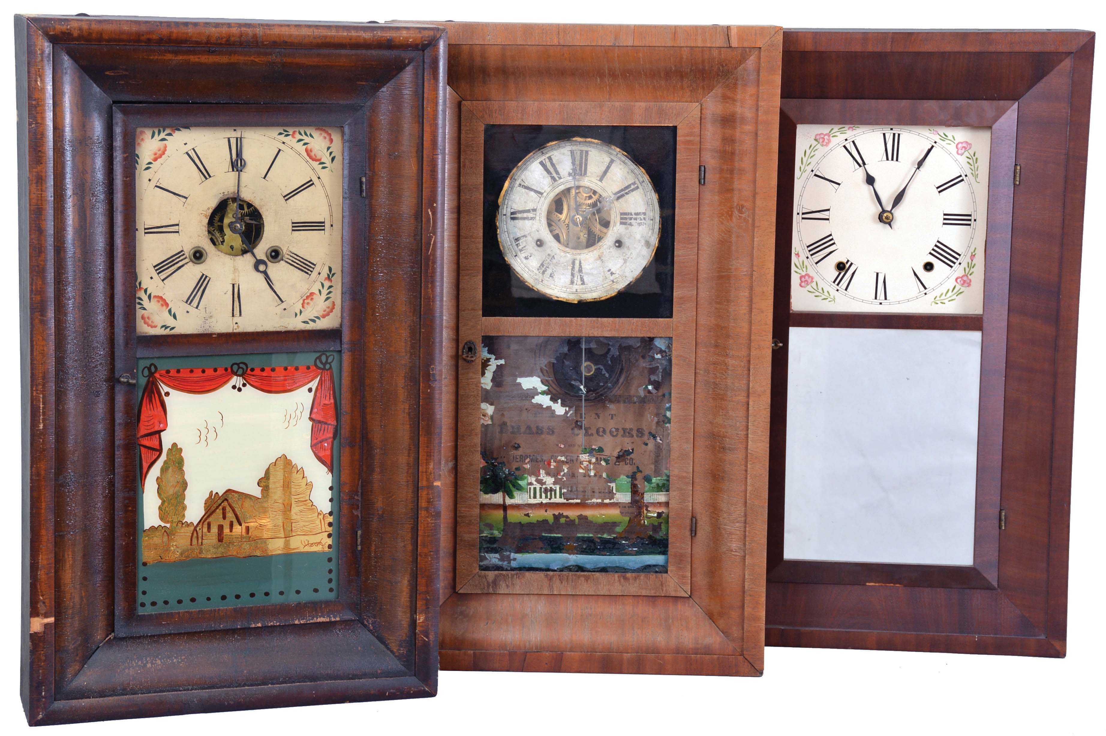 Clocks- 6 (Six): (1) L.J. & L. Strickland, Otis, Mass., 30 hour, time and strike, weight brass movement OG shelf clock, c1845; (2) Terry & Andrews, Bristol, Conn., 30 hour, time and strike, weight brass movement OG shelf clock, c1850. (3) Clarke, Gilbert & Co., Bristol, Conn., 30 hour, time and strike, weight brass movement OG shelf clock, c1841. (4) Connecticut Clock Co., New York, 30 hour, time and strike, weight brass movement OG shelf clock, c1850. (5) Jeromes, Gilbert, Grant & Co., Bristol, Conn., 30 hour, time and strike, weight brass movement OG shelf clock, c1840. (6) Chauncey Boardman, Bristol, Conn., 30 hour, time and strike, weight wood movement Bevel case shelf clock, c1840. — Antique Clocks Price Guide