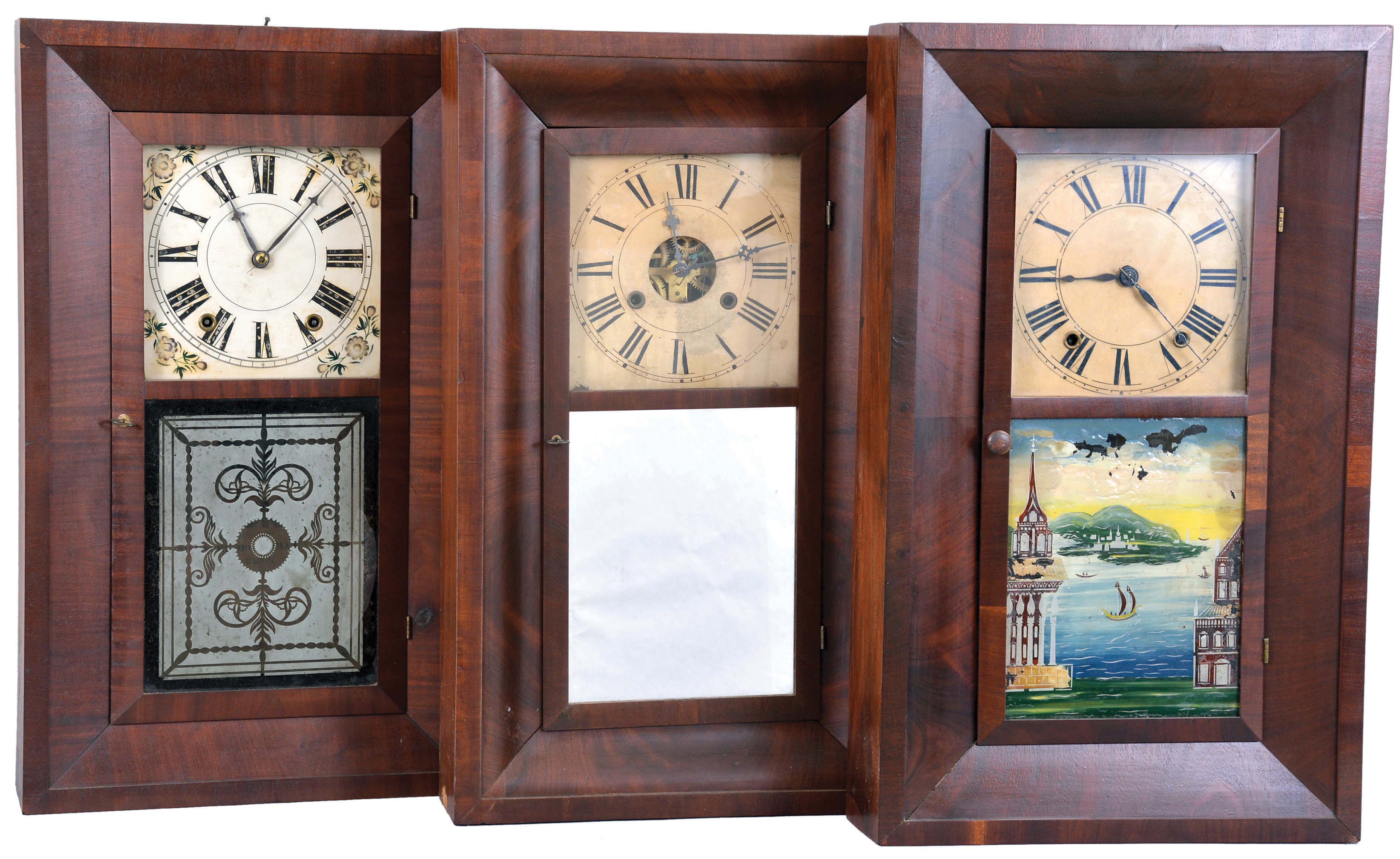 Clocks- 6 (Six): (1) Brewster & Ingrahams, Bristol, Conn., 30 hour, time and strike, weight brass movement OG shelf clock, c1850; (2) William S. Johnson, New York, 30 hour, time and strike, weight brass movement OG shelf clock, c1850. (3) Chauncey Jerome, New Haven, Conn., 8 day, time and strike, weight brass movement OG shelf clock, c1860 (4) Chauncey Boardman, Bristol, Conn., 30 hour, time and strike, weight wood movement bevel case shelf clock, c1845. (5) Chauncey Jerome, New Haven, Conn., 30 hour, time and strike, weight brass movement OG shelf clock, c1845. (6) Chauncey Boardman, Bristol, Conn., 30 hour, time and strike, weight wood movement bevel case shelf clock, c1845 — Antique Clocks Price Guide