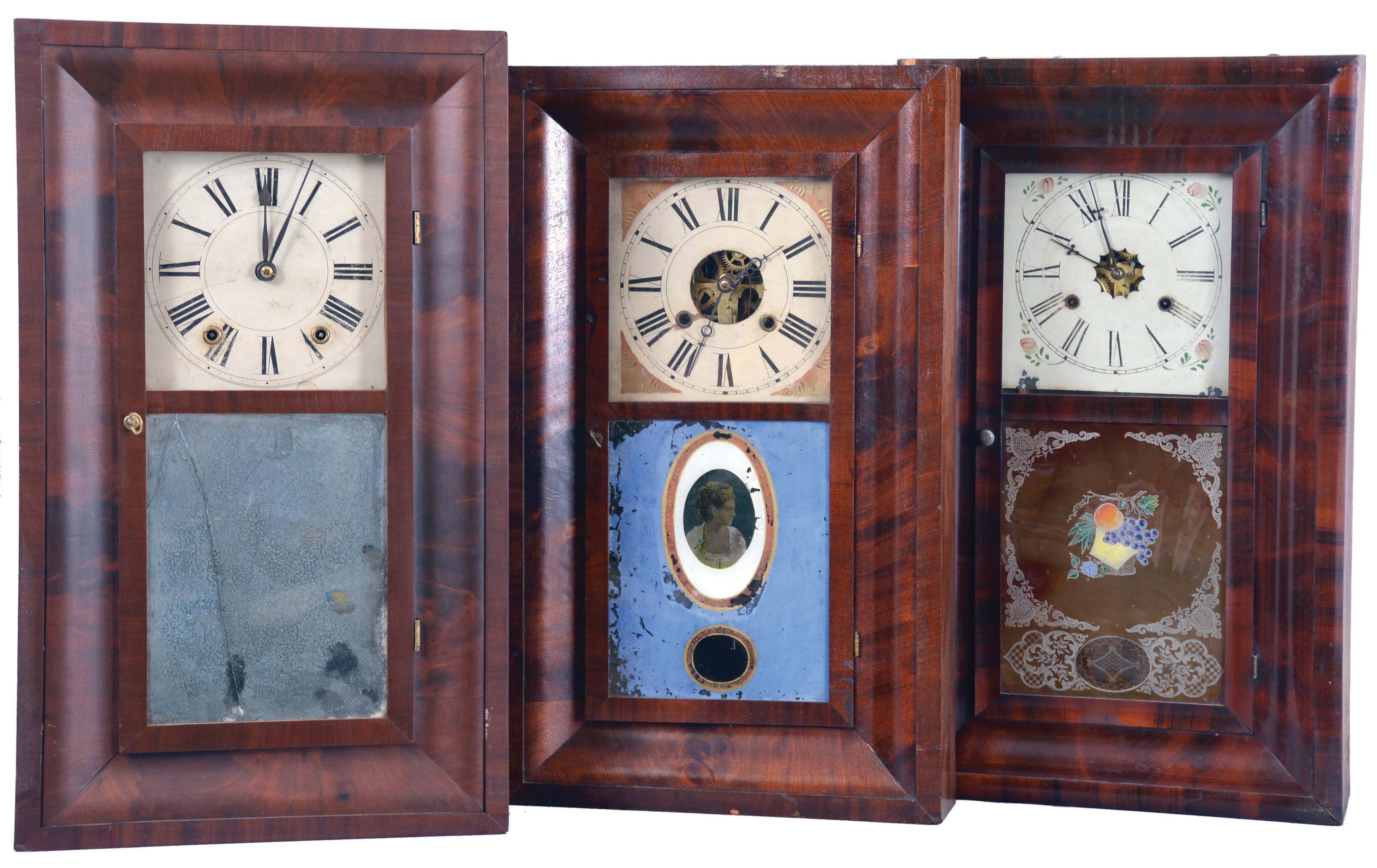 Clocks- 6 (Six): Seth Thomas Clock Co., Thomaston, Conn., 8 day, time and strike, weight brass movement OG shelf clock, c1870; (2) Chauncey Jerome, New Haven, Conn., 8 day, time, strike and alarm weight brass movement OG shelf clock, c1850. (3) Chauncey Jerome, New Haven, Conn., 30 hour, time and strike, weight brass movement OG shelf clock, c1850 (4) Daniel Pratt, Jr. Reading, Mass., 30 hour, time and strike, weight wood movement OG shelf clock, c1842. (5) Boardman & Wells, Bristol, Conn., 30 hour, time and strike, weight brass movement OG shelf clock, c1843. (6) E. N. Welch Mfg. Co., Forestville, Conn., 30 hour, time and strike, weight brass movement OG shelf clock, c1860 — Antique Clocks Price Guide