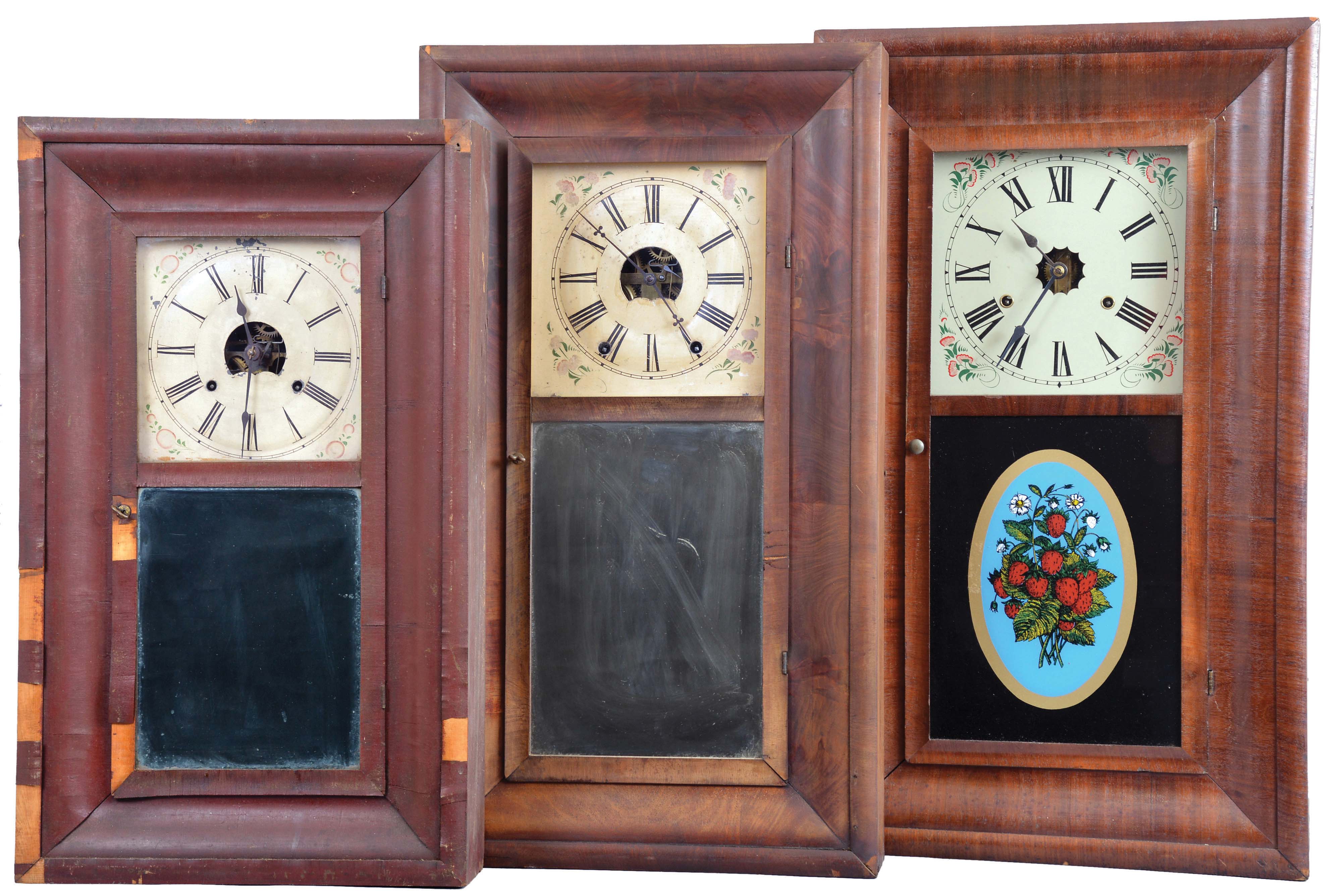 Clocks- 8 (Eight): (1) Waterbury Clock Co., Waterbury, Conn., 8 day, time and strike, weight brass movement OOG shelf clock, c1860; (2) Ansonia Brass Company, Ansonia, Conn., 30 hour, time and strike, weight brass movement OG shelf clock, c1860. (3) William S. Johnson, New York, 30 hour, time and strike, weight brass movement OG shelf clock, c1855. (4) Daniel Pratt & Sons, Boston, Mass., 8 day, time and strike, weight brass movement OG shelf clock, c1850 (5) Birge, Peck & Co., Bristol, Conn., 8 day, time and strike, weight brass movement OG shelf clock, c1855. (6) Elisha Manross, Bristol, Conn., 30 hour, time and strike, weight brass movement OG shelf clock, c1850. (7) Chauncey, Boardman, Bristol, Conn., 30 hour, time and strike, weight brass movement OG shelf clock, c1850 (8) E. C. Brewster & Co., Bristol, Conn., 30 hour, time and strike, spring brass iron backplate OG shelf clock, c1842. — Antique Clocks Price Guide