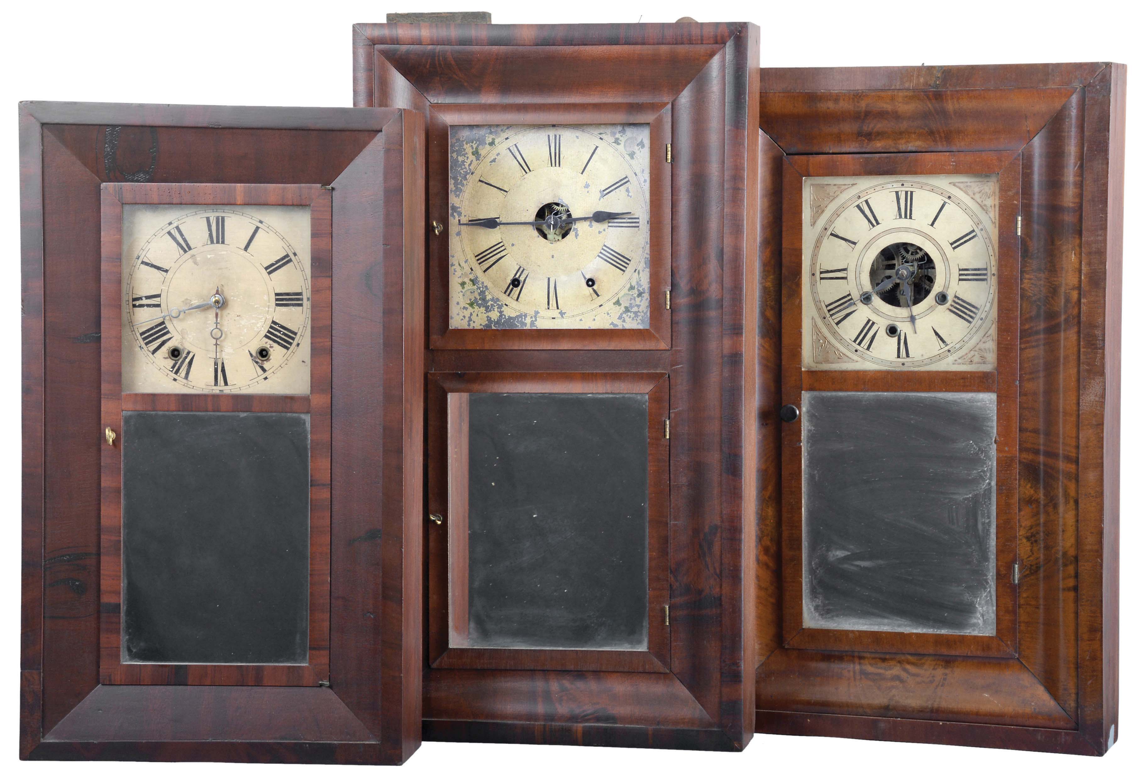 Clocks- 8 (Eight): (1) Henry C. Smith, Plymouth, Conn., 30 hour, time and strike, weight wood movement beveled case shelf clock, c1840; (2) Jones & Frisbee, New Hartford, Conn., 30 hour, time and strike, weight brass movement OG shelf clock, c1840. (3) Morse & Co., Plymouth Hollow, Conn., 30 hour, time and strike, weight brass movment OG shelf clock, c1855. (4) New Haven Clock Co., New Haven, Conn., 30 hour, time and strike, weight brass movement OG shelf clock, c1860 (5) New Haven Clock Co., New Haven, Conn., 8 day, time and strike, weight brass movement OOG shelf clock, c1870. (6) Smith Brothers Establishment, New York, 30 hour, time, strike and alarm weight brass movement OG shelf clock, c1850 (7) Forestville Manufacturing Co., (J.C. Brown), Bristol, Conn., 8 day, time and strike, weight brass movement OOG shelf clock, c1850 (8) Chauncey Jerome, New Haven, Conn., 8 day, time and strike, weight brass movement OOG shelf clock, c1850 — Antique Clocks Price Guide