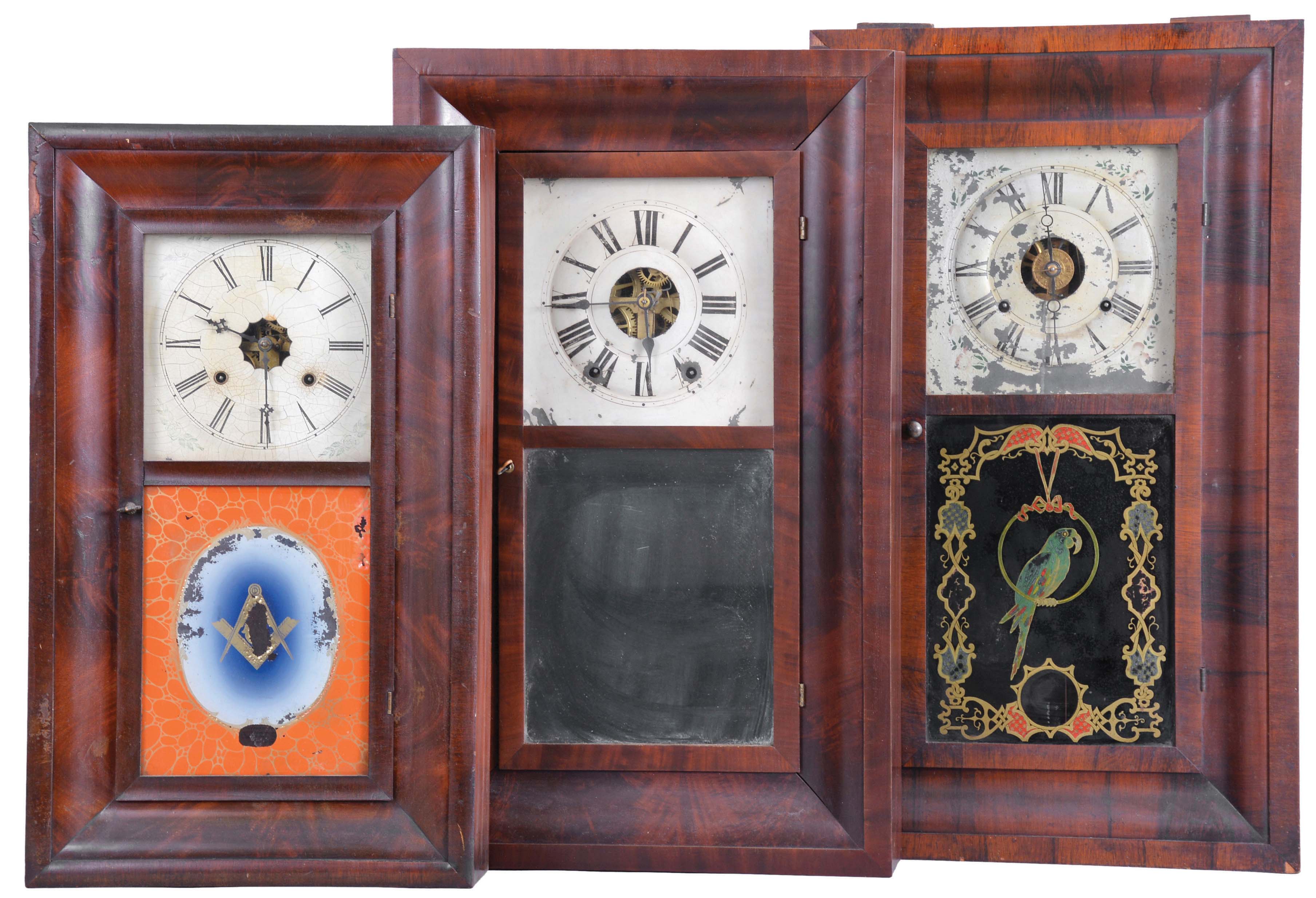 Clocks- 8 (Eight): (1) Daniel Pratt, Jr. Reading, Mass., 8 day, time and strike, weight brass movement OG shelf clock, c1850; (2) Ansonia Brass & Copper Co., Ansonia, Conn., 30 hour, time and strike, weight brass movement OG shelf clock, c1870 (3) Waterbury Clock Co., Waterbury, Conn., 30 hour, time and strike, weight brass movement OG shelf clock, c1870 (4) R. Blakeslee, Jr., New York, 30 hour, time and strike, weight brass "Davies Patent Lever" OG shelf clock, c. 1855. (5) Seth Thomas Clock Co., Thomaston, Conn., 8 day, time, strike and alarm weight brass movement OG shelf clock, c1870 (6) Chauncey Jerome, New Haven, Conn., 8 day, time and strike, weight brass movement OG shelf clock, c1850 (7) Birge & Fuller, Bristol, Conn., 8 day, time and strike, weight brass movement OG shelf clock, c1845 (8) Union Manufacturing Co., Bristol, Conn., 30 hour, time and strike, weight brass movement OG shelf clock, c1845 — Antique Clocks Price Guide