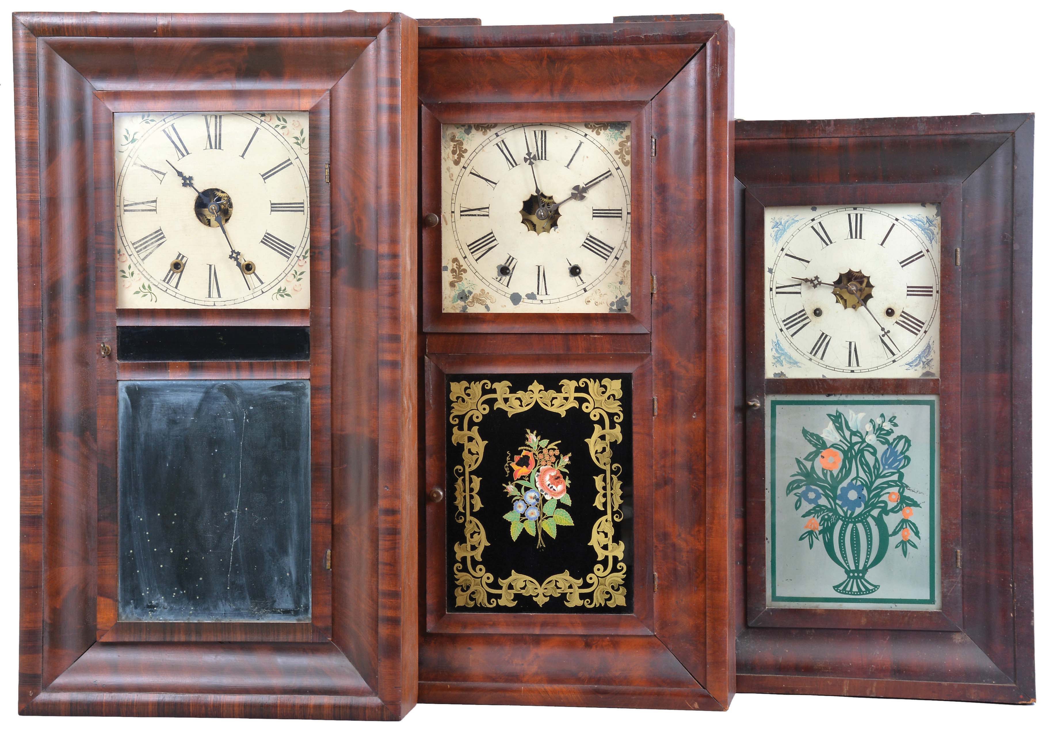 Clocks- 8 (Eight): (1) Alfred Lowrey, Bristol, Conn., 30 hour, time and strike, weight brass movement OG shelf clock, c1845; (2) Waterbury Clock Co., Waterbury, Conn., 8 day, time, strike and alarm weight brass movement OG shelf clock. (3) New Haven Clock Co., New Haven, Conn., 30 hour, time, strike and alarm weight brass movement OG shelf clock, c1870 (4) Waterbury Clock Co., Waterbury, Conn., 30 hour, time and strike, weight brass movement OG shelf clock. (5) William S. Johnson, New York, 30 hour, time and strike, weight brass movement OG shelf clock, c1855 (6) Chauncey Jerome, New Haven, Conn., 8 day, time and strike, weight brass movement OOG shelf clock, c1850 (7) Jerome, & Company, New Haven, Conn., 8 day, time and strike, weight brass movement) OG shelf clock, c1870 (8) Chauncey Jerome, New Haven, Conn., 30 hour, time and strike, weight brass movement OG shelf clock, c1850 — Antique Clocks Price Guide