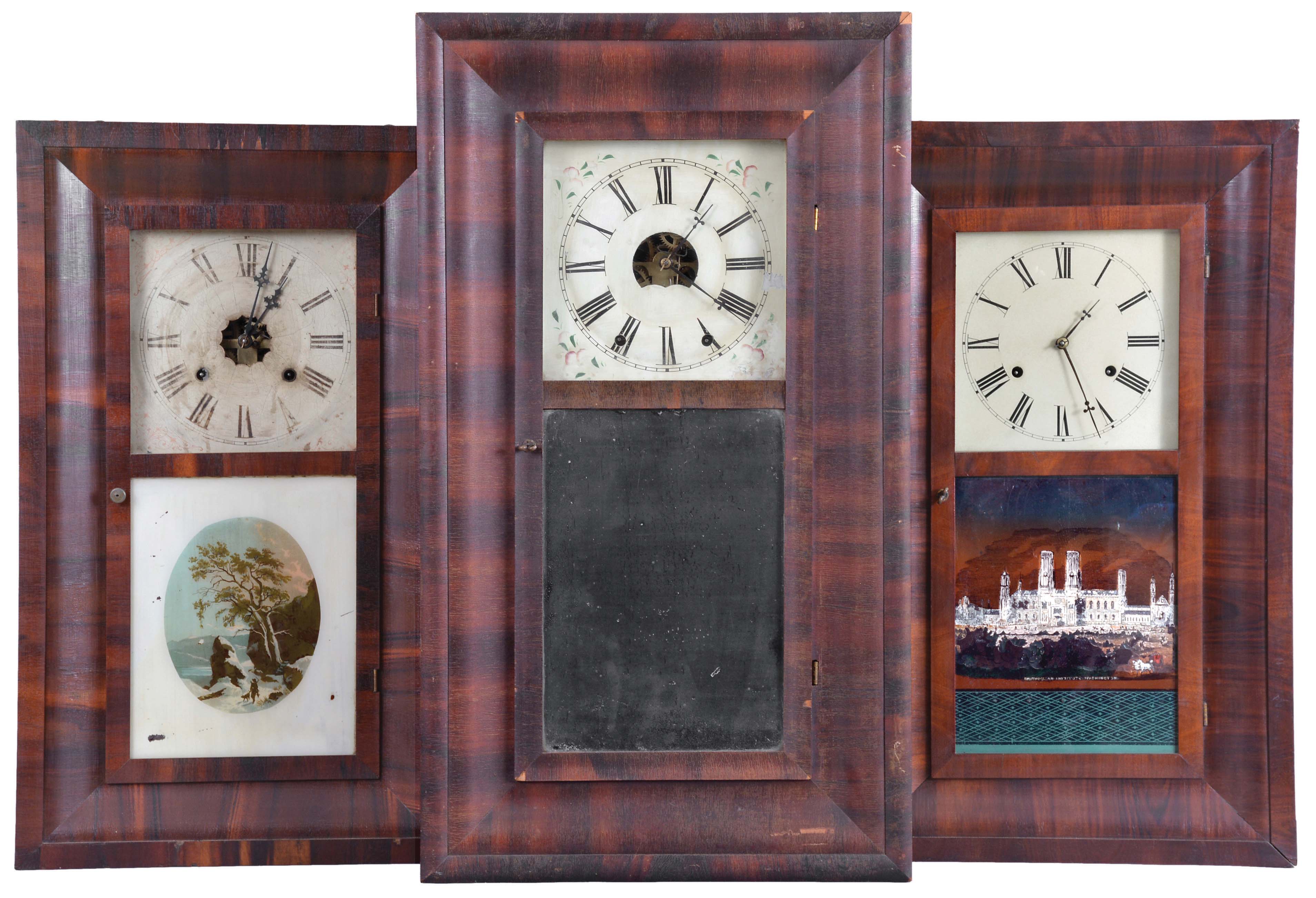 Clocks- 8 (Eight): (1) Forestville Manufacturing Co., Forestville, Conn., 30 hour, time and strike, weight brass movement OG shelf clock, c1850; (2) Ansonia Brass & Copper Co., Ansonia, Conn., 30 hour, time and strike, weight brass movement OG shelf clock, c1870 (3) George Marsh, Winchester, Conn., 30 hour, time and strike, weight brass movement OG shelf clock, c1850 (4) Forestville Clock Co., Forestville, Conn., 30 hour, time, strike and alarm weight brass movement OG shelf clock, c1850 (5) E. & A. Ingraham & Co., Bristol, Conn., 30 hour, time and strike, weight brass movement OG shelf clock, c1852 (6) M. W. Atkins & Co., Bristol, Conn., 8 day, time and strike, weight brass movement OOG shelf clock, c1850 (7) Forestville Clock Co., Forestville, Conn., 30 hour, time, strike and alarm weight brass movement OG shelf clock, c1850 (8) William L. Gilbert Clock Co., Winsted, Conn., 30 hour, time and strike, weight brass movement OG shelf clock, c1870 — Antique Clocks Price Guide