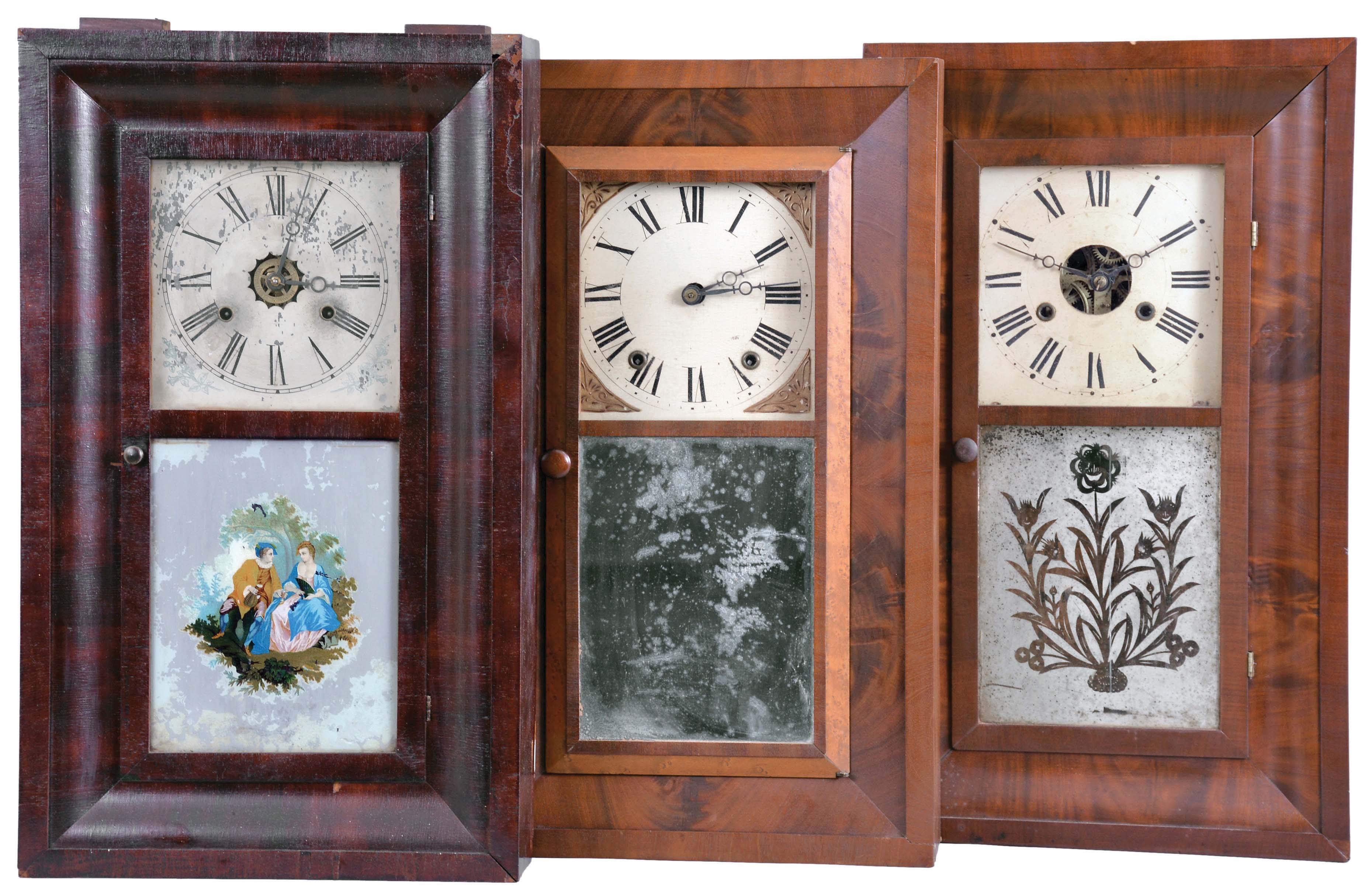 Clocks- 8 (Eight): (1) Terry & Andrews, Bristol, Conn., 30 hour, time and strike, weight brass movement OG shelf clock, c1850; (2) Ansonia Brass Co., Ansonia, Conn., 30 hour, time and strike, weight brass movement OG shelf clock, c1855 (3) Waterbury Clock Co., Waterbury, Conn., 30 hour, time and strike, weight brass movement OG shelf clock, c1860 (4) Jerome & Co., New Haven, Conn., 30 hour, time and strike, weight brass movement OG shelf clock, c1870 (5) Unknown, 46 Courtland St., New York, 30 hour, time and strike, weight brass movement OG shelf clock, c1850 (6) E. N. Welch Mfg. Co., Forestville, Conn., 30 hour, time, strike and alarm weight brass movement OG shelf clock, c1860 (7) Henry C. Smith, Bristol, Conn., 30 hour, time and strike, weight brass movement OG shelf clock, c1845 (8) Charles Stratton, Worcester, Mass., 30 hour, time and strike, weight wood movement bevel case shelf clock, c1841 — Antique Clocks Price Guide