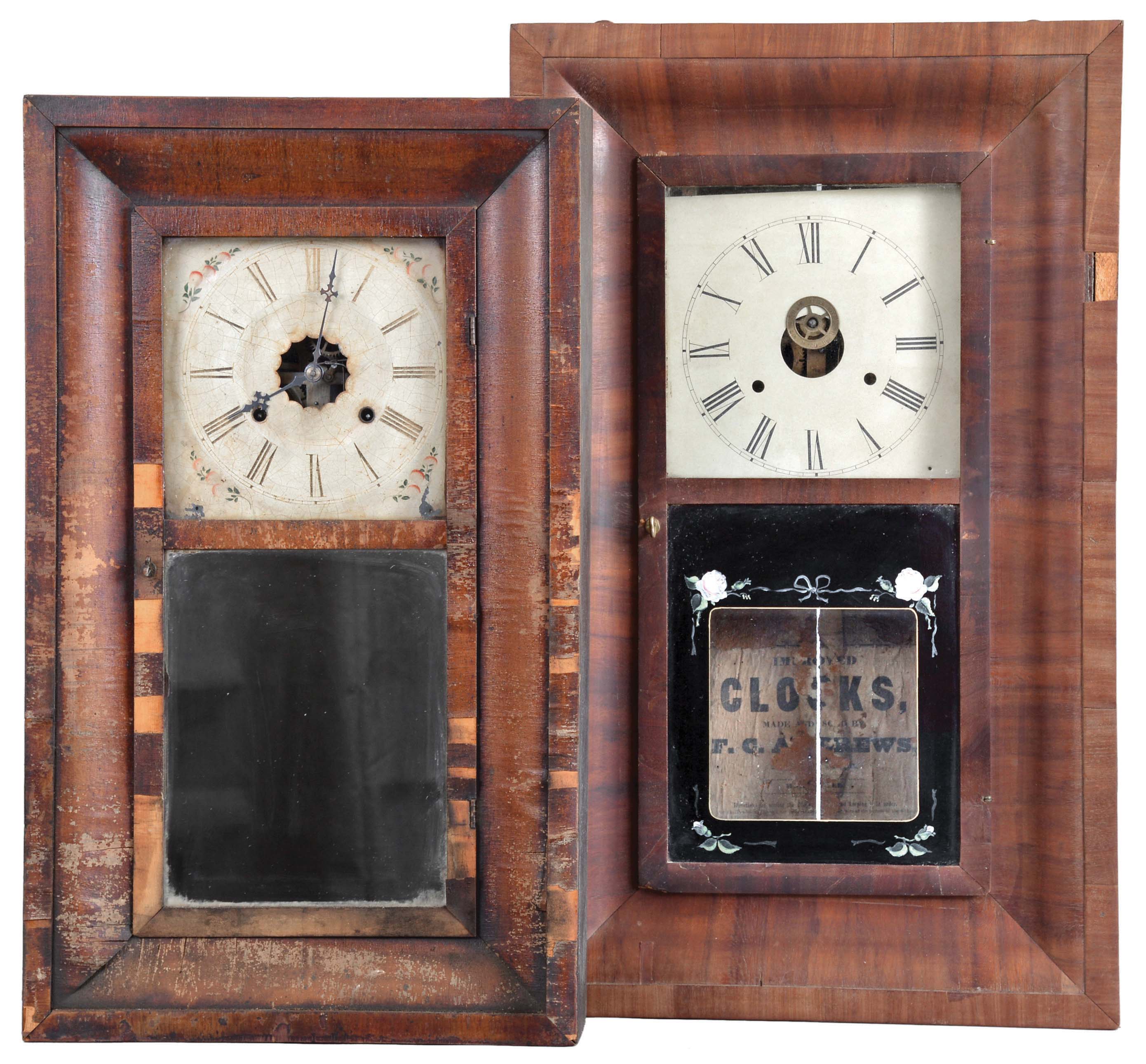 Clocks- 8 (Eight): American Clock Co., (Chauncey Jerome), New York, 30 hour, time and strike, weight brass movement OG shelf clock, c1850; (2) Ansonia Brass Co., Ansonia, Conn., 30 hour, time and strike, weight brass movement OG shelf clock, c1860 (3) Brewster & Co., Bristol, 30 hour, time and strike, weight brass movement OG shelf clock, c1855 (4) George Marsh, Winchester, Conn., 30 hour, time and strike, weight brass movement OG shelf clock, c1850 (5) Ansonia Brass Co., Ansonia, Conn., 30 hour, time and strike, weight brass movement OG shelf clock, c1860 (6) F. C. Andrews, Bristol, Conn., 30 hour, time and strike, weight brass movement OG shelf clock, c1840 (7) Boardman & Wells, Bristol, Conn., 30 hour, time and strike, weight brass movement OG shelf clock, c1840 (8) William L. Gilbert Clock Co., Winsted, Conn., 30 hour, time, strike and alarm weight brass movement OG shelf clock, c1870 — Antique Clocks Price Guide