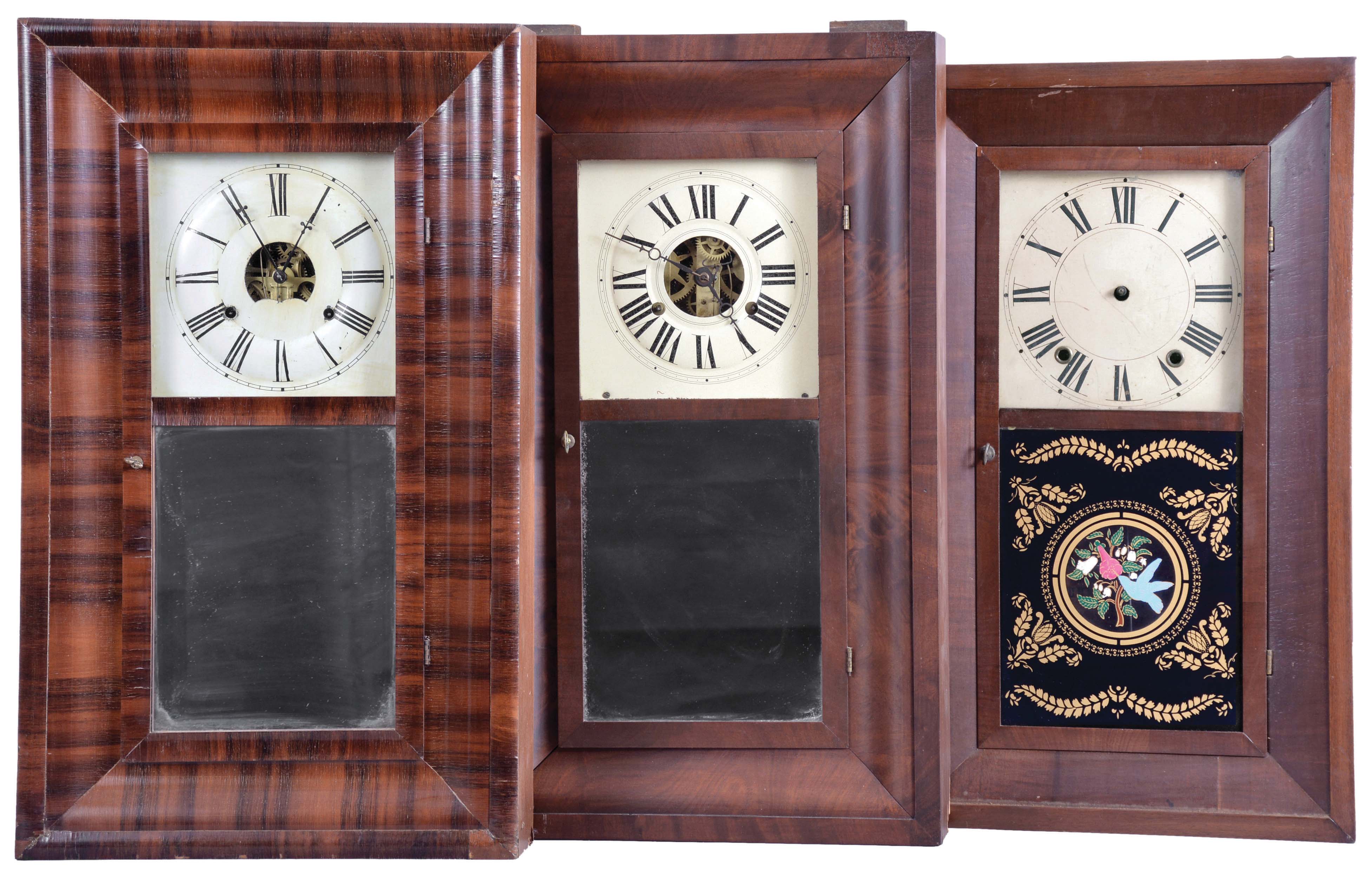 Clocks- 8 (Eight): (1) New Haven Clock Co., New Haven, Conn., 30 hour, time and strike, weight brass movement OG shelf clock, c1860; (2) Bristol Brass and Clock Co., Bristol, Conn., 30 hour, time, strike and alarm weight brass movement OG shelf clock, c1850 (3) William L. Gilbert, Winchester, Conn., 30 hour, time and strike, weight brass movement OG shelf clock, c1842 (4) H. Sperry, New York, 30 hour, time and strike, weight wood movement OG shelf clock, c1840 (5) Seth Thomas Clock Co., Thomaston, Conn., 8 day, time, strike and alarm weight brass movement OG shelf clock, c1870 (6) E. C. Brewster & Son, Bristol, Conn., 30 hour, time and strike, weight brass movement OG shelf clock, c1855 (7) Atkins, Porter & Co., Bristol, Conn., 30 hour, time and strike, weight brass movement OG shelf clock, c1843 (8) Hotchkiss & Fields, Burlington, Conn., 30 hour, time and strike, weight wood movement bevel case shelf clock, c1845 — Antique Clocks Price Guide