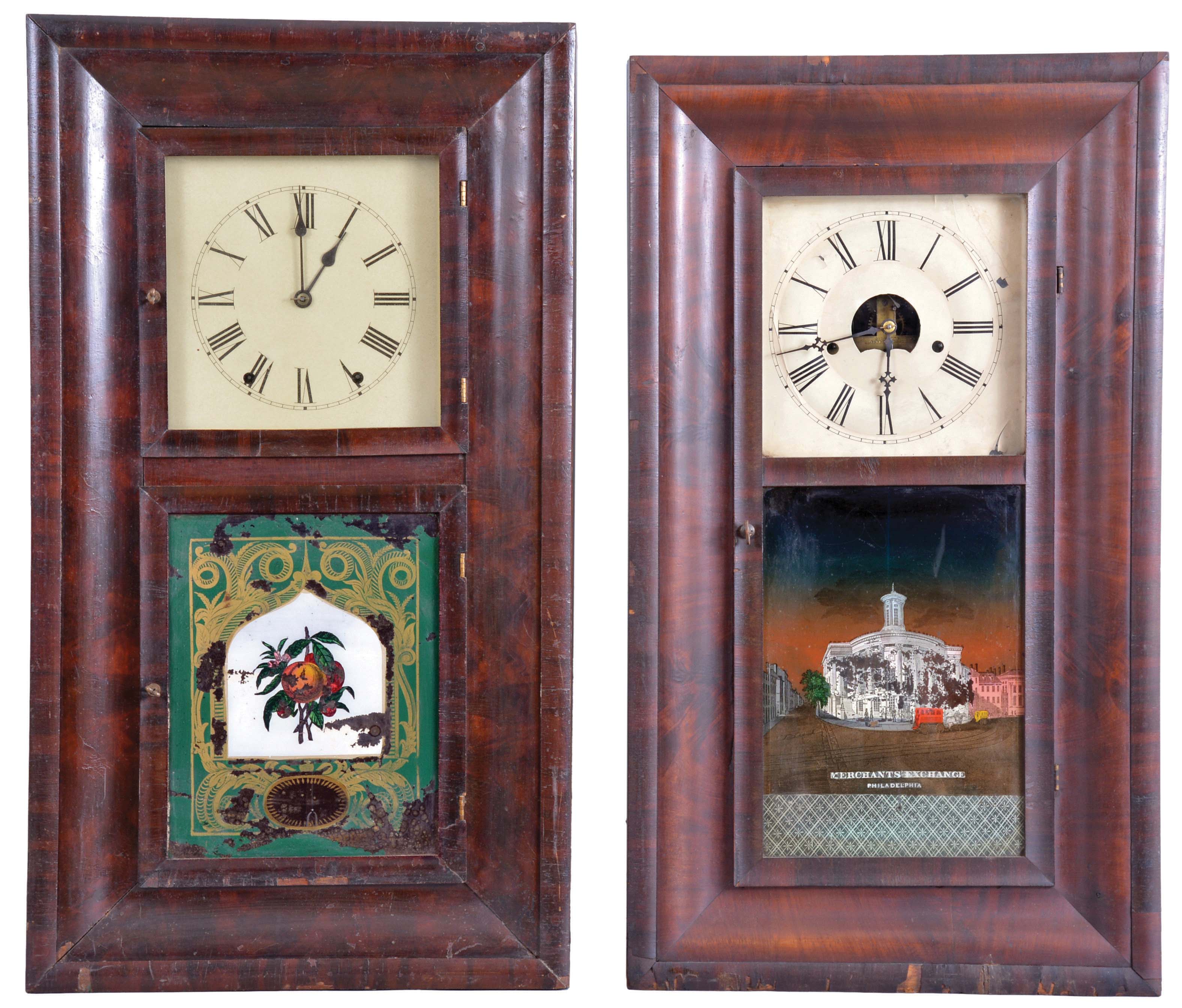 Clocks- 8 (Eight): (1) Ansonia Brass Co., Ansonia, Conn., 30 hour, time and strike, weight brass movement OG shelf clock, c1860; (2) Waterbury Clock Co., Waterbury, Conn., 30 hour, time and strike, weight brass movement OG shelf clock, c1860 (3) Chauncey Goodrich, Bristol, Conn., 30 hour, time and strike, weight brass movement OG shelf clock, c1852 (4) Terry & Andrews, Bristol, Conn., 30 hour, time and strike, weight brass movement OG shelf clock, c1845 (5) William S. Johnson, New York, 30 hour, time and strike, weight brass movement OG shelf clock, c1845 (6) Unknown, "46 Courtland St", New York, 30 hour, time and strike, weight brass movement OG shelf clock, c1850 (7) Forestville Mfg. Co., Forestville, Conn., 8 day, time and strike, weight brass movement OG shelf clock, c1850 (8) Jerome & Co., New Haven, Conn., 8 day, time and strike, weight brass movement OG shelf clock, c1870 — Antique Clocks Price Guide