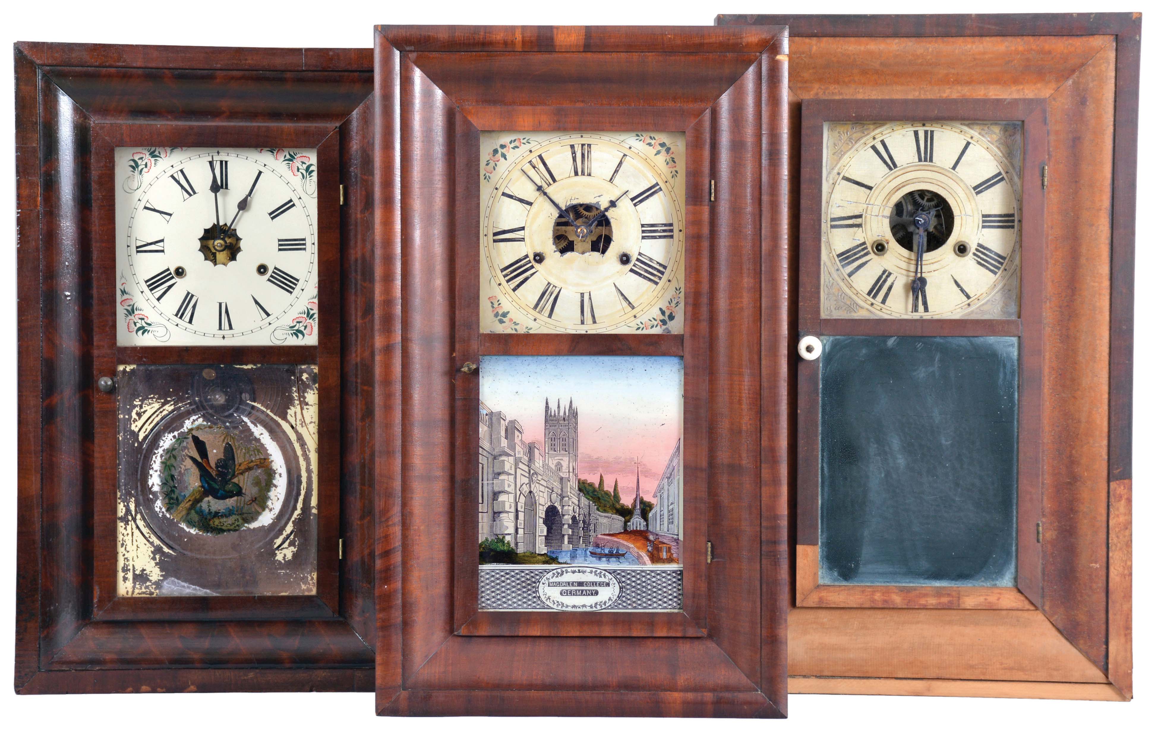 Clocks- 8 (Eight): (1) Comstock & Minor, Plymouth, Conn., 30 hour, time and strike, weight wood movement bevel case shelf clock, c1845; (2) E. & A. Ingraham, Bristol, Conn., 30 hour, time and strike, weight brass movement OG shelf clock, c1852 (3) H. Welton & Co., Terrysville, Conn., 30 hour, time and strike, weight brass movement OG shelf clock, c1841. (4) Seth Thomas Clock Co., Thomaston, Conn., 30 hour, time and strike, weight brass movement OG shelf clock c1870 (5) Smith & Goodrich, Forestville, Conn., 30 hour, time, strike and alarm weight brass movement OG shelf clock, c1850 (6) C. Boardman, Bristol, Conn., 30 hour, time and strike, weight brass movement OG shelf clock, c1845 (7) Waterbury Clock Co., Waterbury, Conn.,30 hour, time and strike, weight brass movement OG shelf clock, c1860 (8) Boardman & Wells, Bristol, Conn., 30 hour, time and strike, weight wood movement bevel case shelf clock, c1840 — Antique Clocks Price Guide