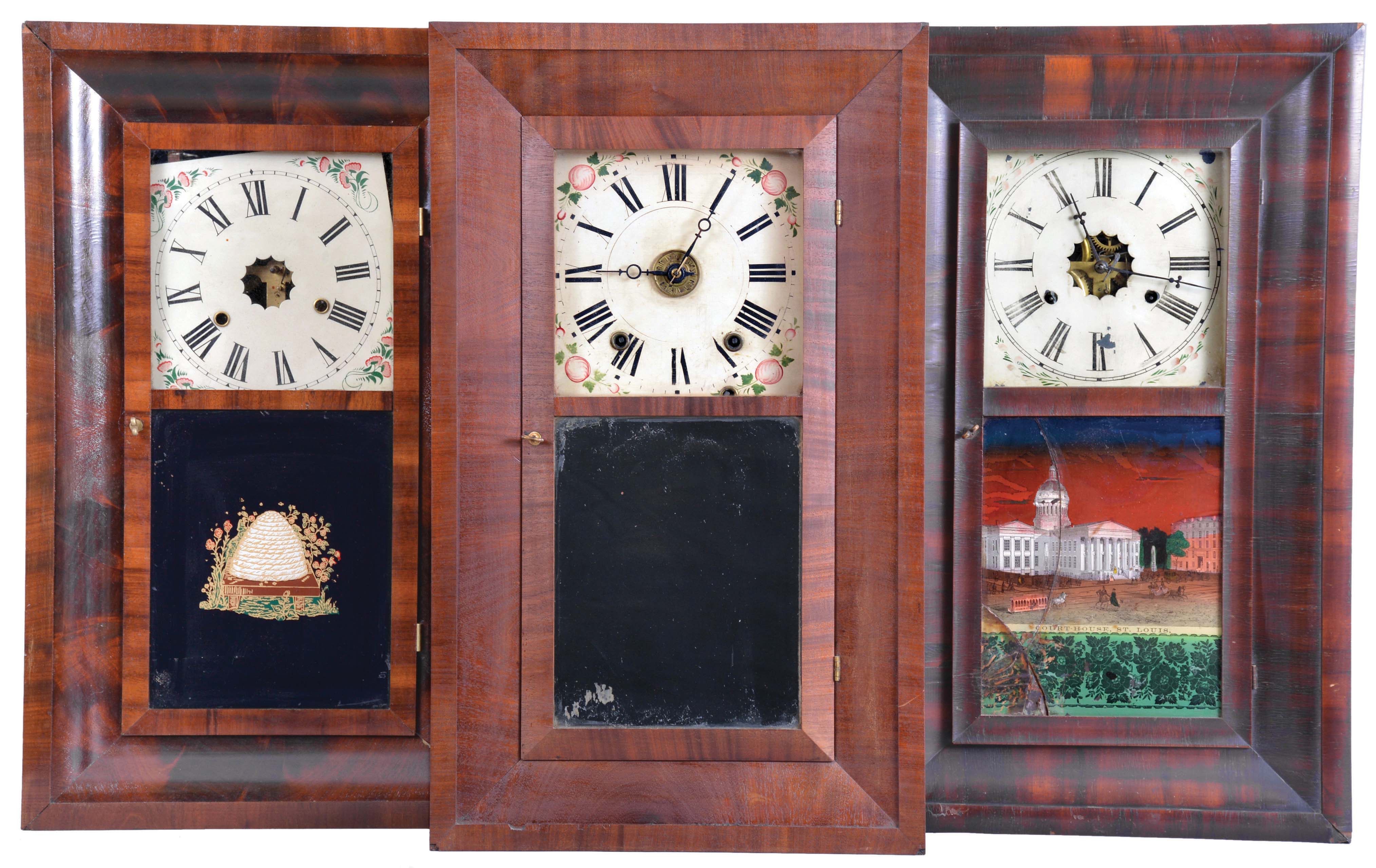 Clocks- 8 (Eight): (1) Henry C. Smith, Plymouth, Conn., 30 hour, time and strike, weight brass movement OG shelf clock, c1840; (2) E. & A. Ingraham, Bristol, Conn., 30 hour, time and strike, weight brass movement OG shelf clock, c1852 (3) W. S. Conant, New York, 30 hour, time and strike, weight wood movement bevel case shelf clock, c1840 (4) John Hunt, Plainville, Conn., 30 hour, time and strike, weight brass movement OG shelf clock, c1840 (5) William S. Johnson, New York, 30 hour, time and strike, weight brass movement OG shelf clock, c1845 (6) Alden A. Atkins, Bristol, Conn., 30 hour, time and strike, weight brass movement OG shelf clock, c1843 (7) Rombach & Shwab, Edinburgh, Scotland, 30 hour, time and strike, weight brass movement OG shelf clock, c1850. (8) J. J. & W. Beals, Boston, Mass., 30 hour, time, strike and alarm weight wood movement OG shelf clock, c1845. — Antique Clocks Price Guide