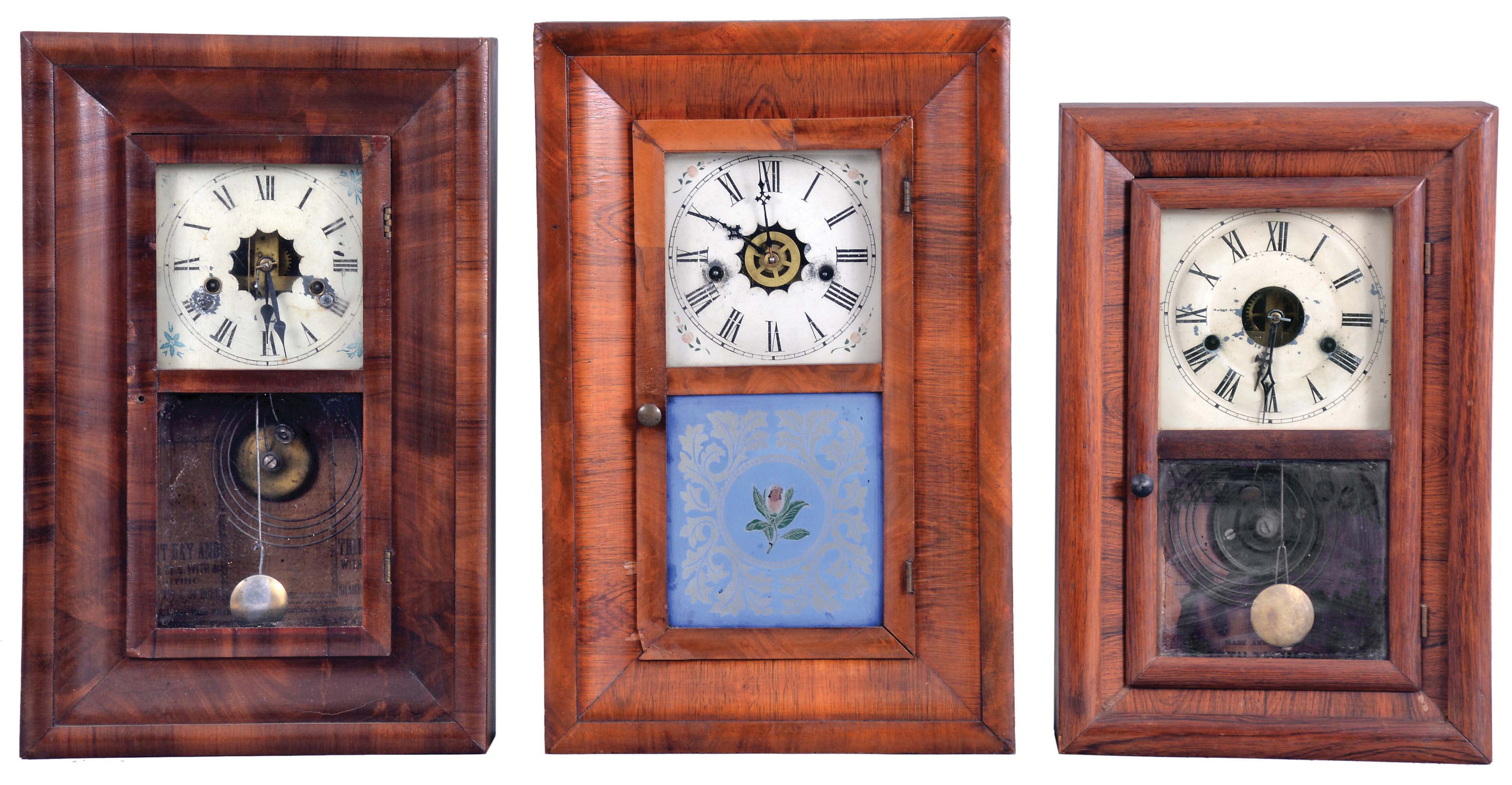 Clocks- 8 (Eight) : (1) Clark, Gilbert & Co.,Bristol, Conn., 30 hour, time and strike, weight brass movement OG shelf clock, c1841; (2) Smith & Brothers, New York, 30 hour, time and strike, weight wood movement OG shelf clock, c1840 (3) Morse & Co., Plymouth Hollow, Conn., 30 hour, time and strike, weight brass movement OG shelf clock, c1855 (4) Hotchkiss & Fields, Burlington, Conn., 30 hour, time and strike, weight brass movement OG shelf clock, c1846 (5) Henry C. Smith, Plymouth, Conn., 30 hour, time and strike, weight wood movement OG shelf clock, c1845 (6) New Haven Clock Co., New Haven, Conn., 30 hour, time and strike, spring brass movement OG shelf clock, c1880 (7) Waterbury Clock Co., Waterbury, Conn., 30 hour, time, strike and alarm spring brass movement OG shelf clock, c1870 (8) Seth Thomas Clock Co., Thomaston, Conn., 30 hour, time and strike, spring brass movement round band shelf clock, c1870 — Antique Clocks Price Guide