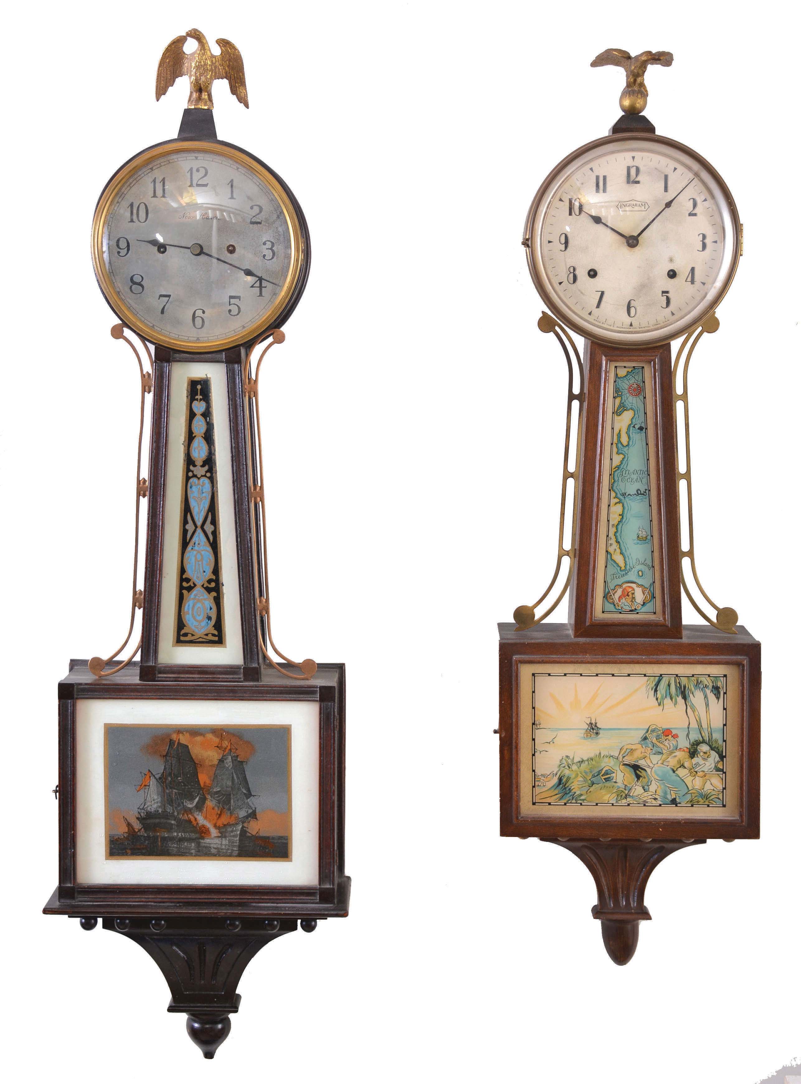 Clocks- 4 Connecticut Banjo: (1) E. Ingraham & Co., Bristol, Conn., "Treasure" banjo clock, 8 day, time and strike, spring driven in a mahogany case, c.1930; (2) New Haven Clock Co., New Haven, Conn., "Willard" banjo timepiece, 30 day, time only, spring driven in a mahogany case, c1915; (3) New Haven Clock Co., New Haven, Conn., "Waring" banjo clock, 8 day, time and strike, spring driven in a mahogany finish case, c1925; (4) New Haven Clock Co., New Haven, Conn., "Waring" banjo timepiece, 8 day, time only, spring driven in a mahogany finish case, c1925. — Antique Clocks Price Guide