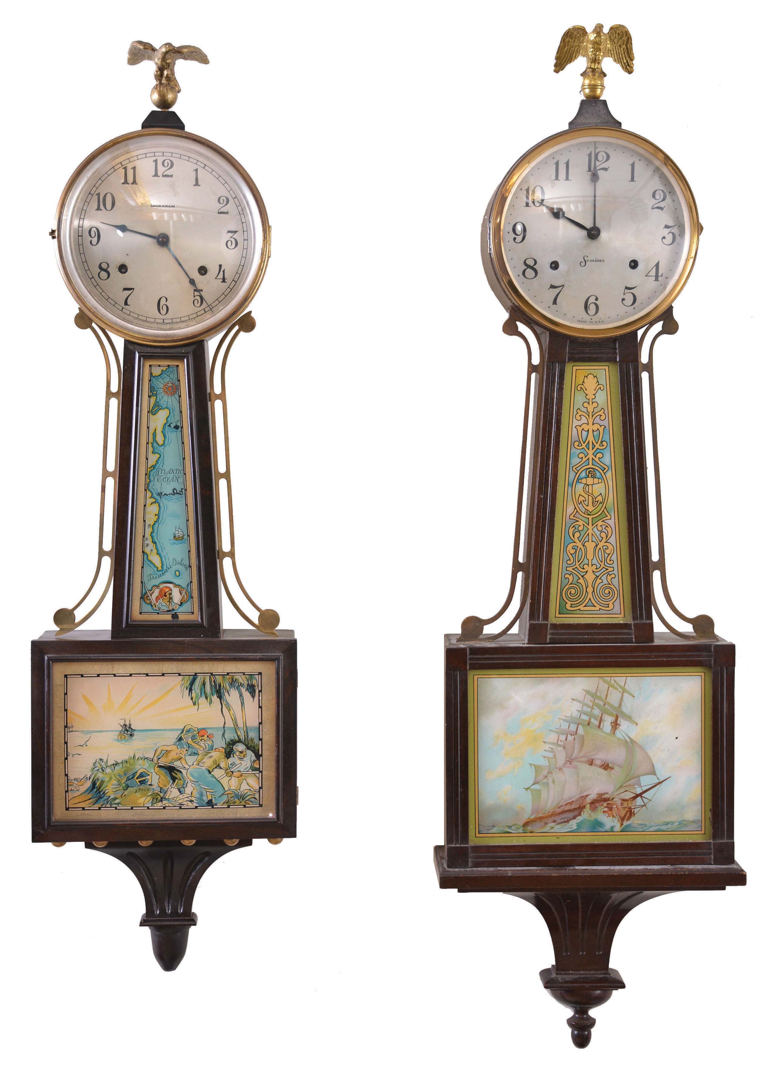 Clocks- 4 Connecticut Banjo: (1) E. Ingraham & Co., Bristol, Conn., "Treasure" banjo clock, 8 day, time and strike, spring driven in a mahogany finish case, c1930; (2) New Haven Clock Co., New Haven, Conn., "Waring" banjo clock, 8 day, time and strike, spring driven in a mahogany finish case, c1925; (3) E. Ingraham & Co., Bristol, Conn., "Nyanza" banjo clock, 8 day, time and strike, spring driven in a mahogany case, c1920; (4) Sessions Clock Co.,Forestville, Conn., "Salem" banjo clock, 8 day, time and strike, spring driven in a mahogany case, c.1927 — Antique Clocks Price Guide