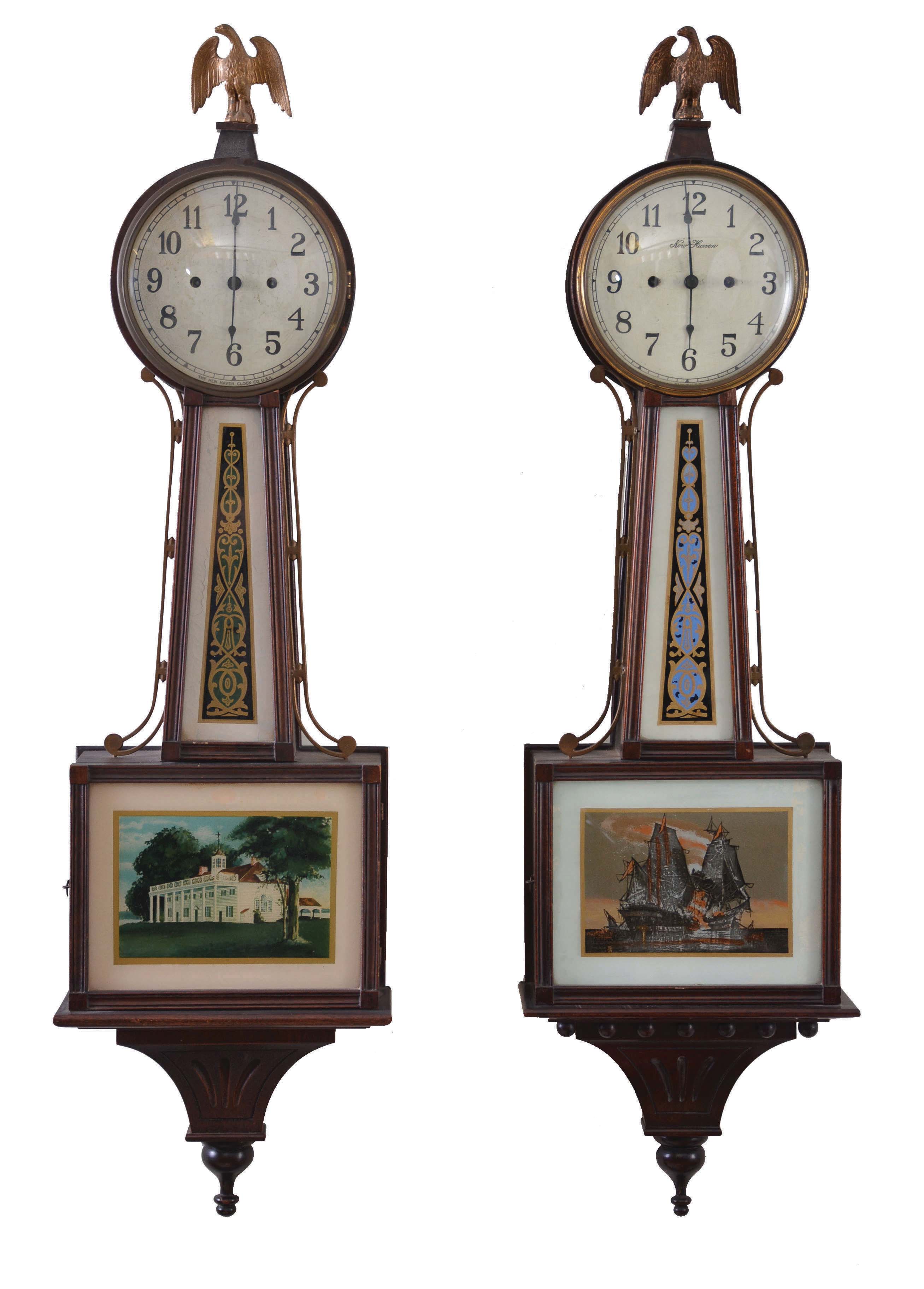 Clocks- 5 Connecticut Banjo: (1) New Haven Clock Co., New Haven, Conn., "Willard" banjo clock,30 day, time only, spring driven in a mahogany case, c1915; (2) New Haven Clock Co., New Haven, Conn., "Willard" banjo clock, 30 day, time only, spring driven in a mahogany case, c1915; (3) E. Ingraham & Co., Bristol, Conn., "Nyanza" banjo clock, 8 day, time only, spring driven in a mahogany finish case, c1915; (4) E. Ingraham & Co., Bristol, Conn., "Nile" banjo clock, 8 day, time and strike, spring driven in a mahogany finish case, c1920; (5) Sessions Clock Co.,Forestville, Conn., "Salem" banjo clock, 8 day, time only, spring driven in a mahogany case, c1927. — Antique Clocks Price Guide