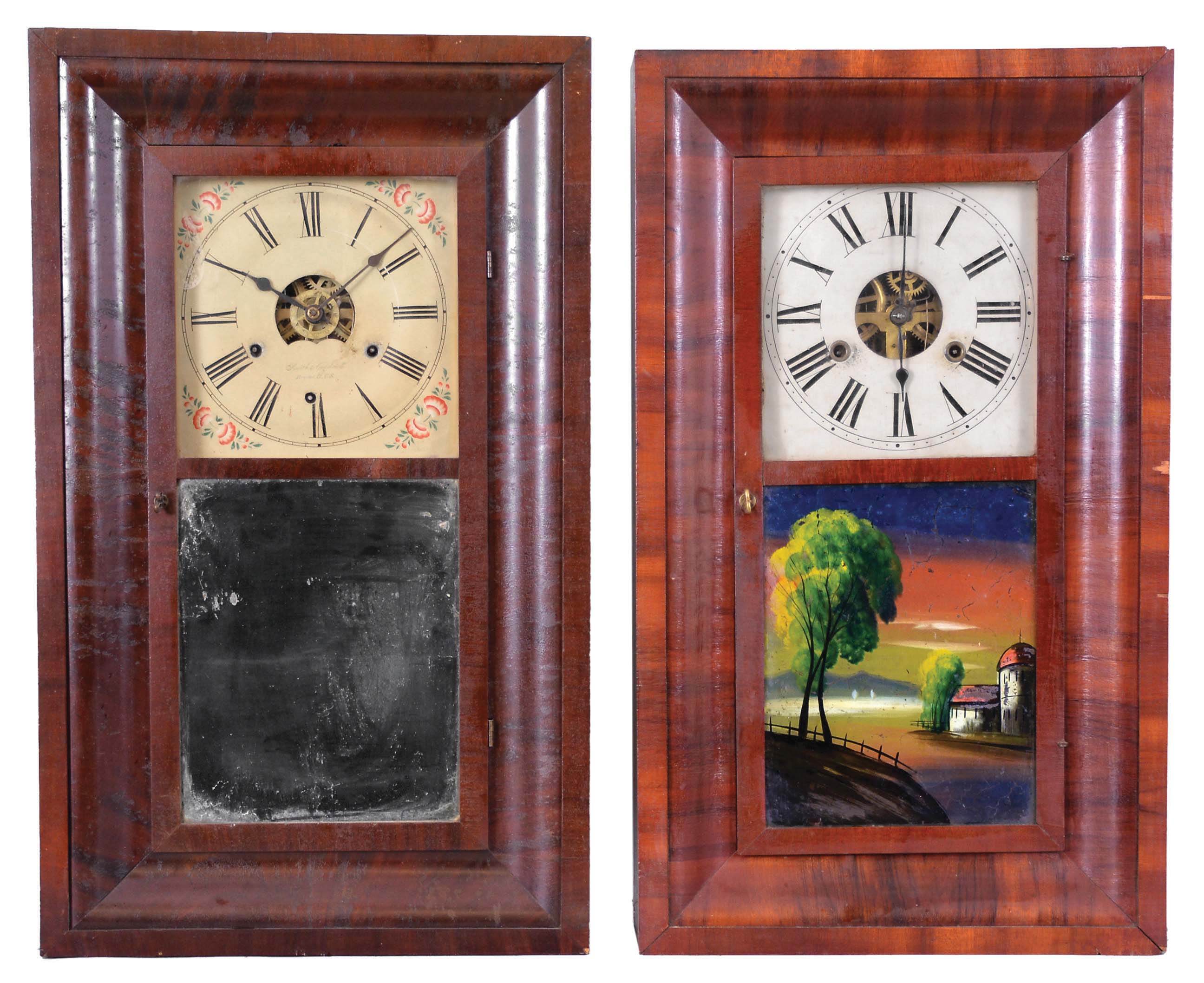 Clocks- 5 (Five) Ogee Clocks: three 30 hour, spring driven, time and strike miniature ogee mantel clocks, one with alarm, in rosewood veneer cases, two by Ansonia Brass Co., Ansonia, Conn., c1860 and one by Seth Thomas. Two 30 hour, weight driven, time and strike ogee clocks, one with alarm, in rosewood veneer cases, by George Marsh, Winchester, CT c1850 and Smith & Goodrich, Bristol, Conn., c1850. — Antique Clocks Price Guide