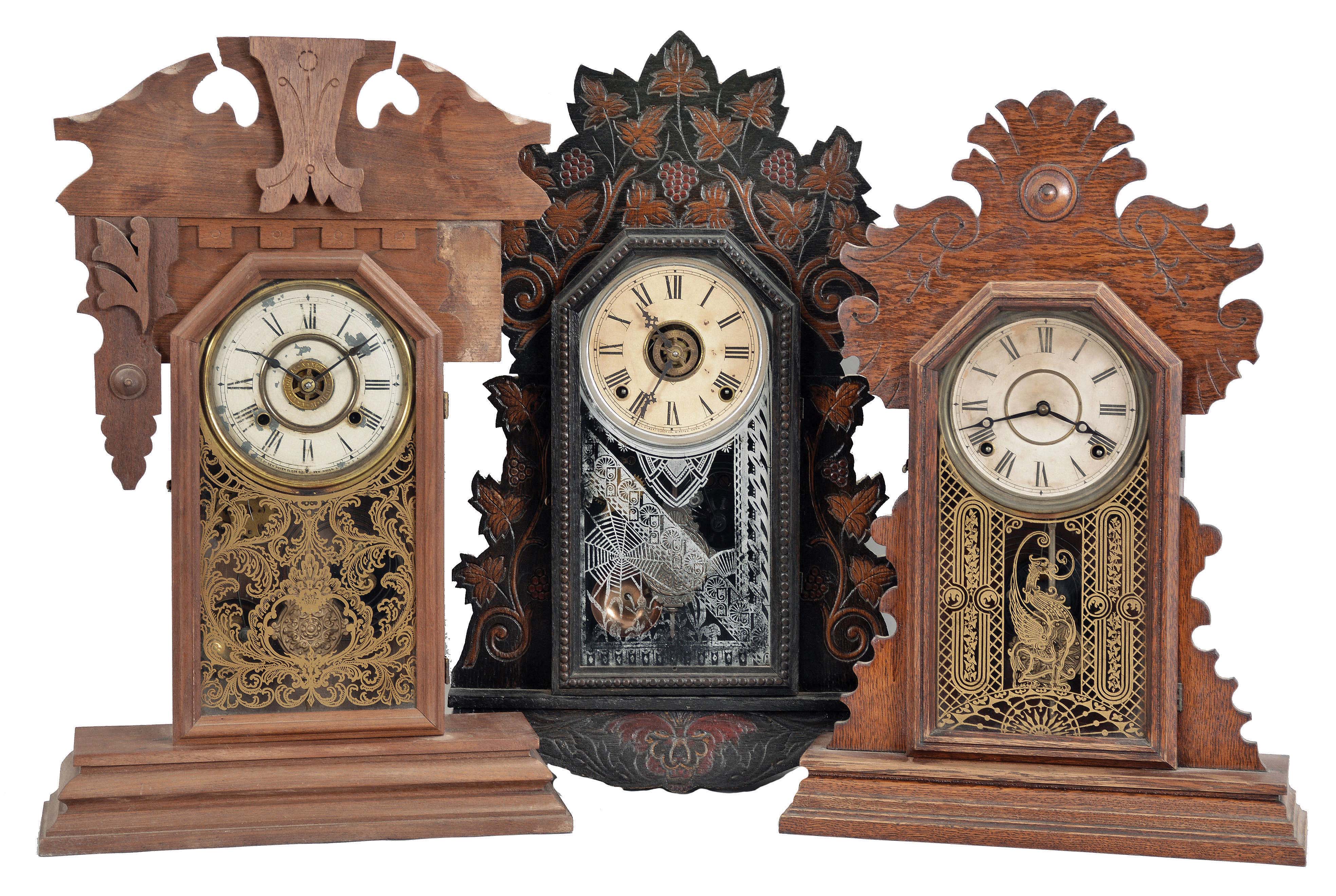 Clocks- 3 (Three): (1) New Haven Clock Co., New Haven, Conn., 8 day, time, strike and alarm shelf or kitchen clock, c1890 (2) William L. Gilbert Clock Co., Winsted, Conn., "Pattern No. 53", 8 day, time, strike and alarm spring brass movement shelf or kitchen clock, c1913 (3) E. Ingraham & Co., Bristol, Conn., "Lilac", 8 day, time and strike, spring brass movement shelf or kitchen clock, c1896 — Antique Clocks Price Guide