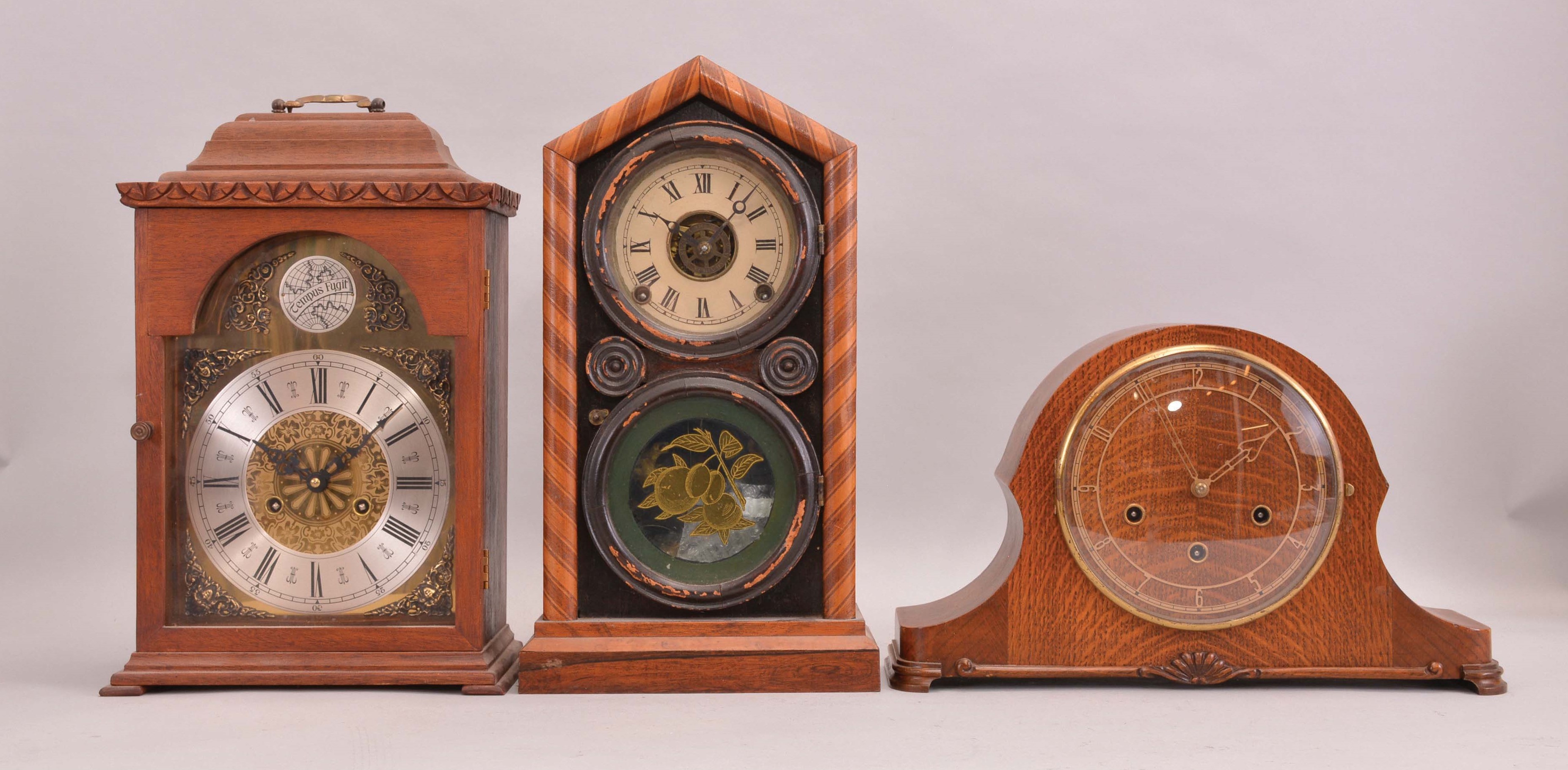 Clocks- 3 (Three): (1) E. Ingraham & Co., Bristol, Conn., "Doric Mosaic", 8 day, time, strike and alarm spring brass movement shelf clock, c1880 (2) Mason & Sullivan, Yarmouth, Mass., 8 day, time and strike, spring brass lever movement bracket clock, c1978 (3) Smiths English Clocks Ltd, London, England, 8 day, time, strike and Westminster chime tambour case mantel clock, c1931. — Antique Clocks Price Guide