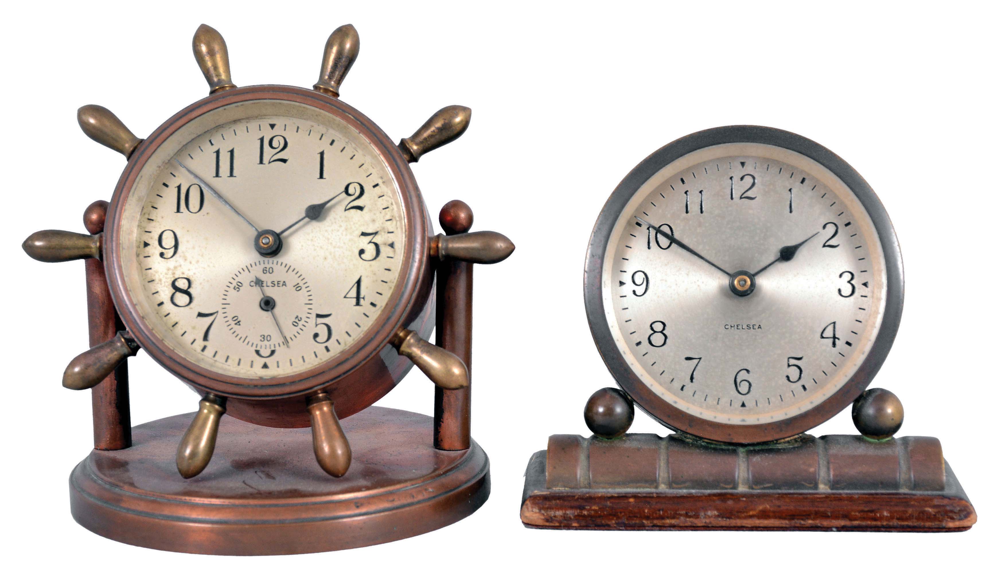 Clocks- 2 (Two) Chelsea: (1) Chelsea Clock Co., Boston, "Clinton" desk timepiece, 8 day, time only, spring-driven balance wheel movement, the case in the shape of a ship's wheel with copper and brass finish holding a 2.75in dial; (2) Chelsea Clock Co., Boston, "Milton" desk timepiece, 8 day, spring-driven balance wheel movement in a cast brass case with a 2.75in silvered dial. — Antique Clocks Price Guide