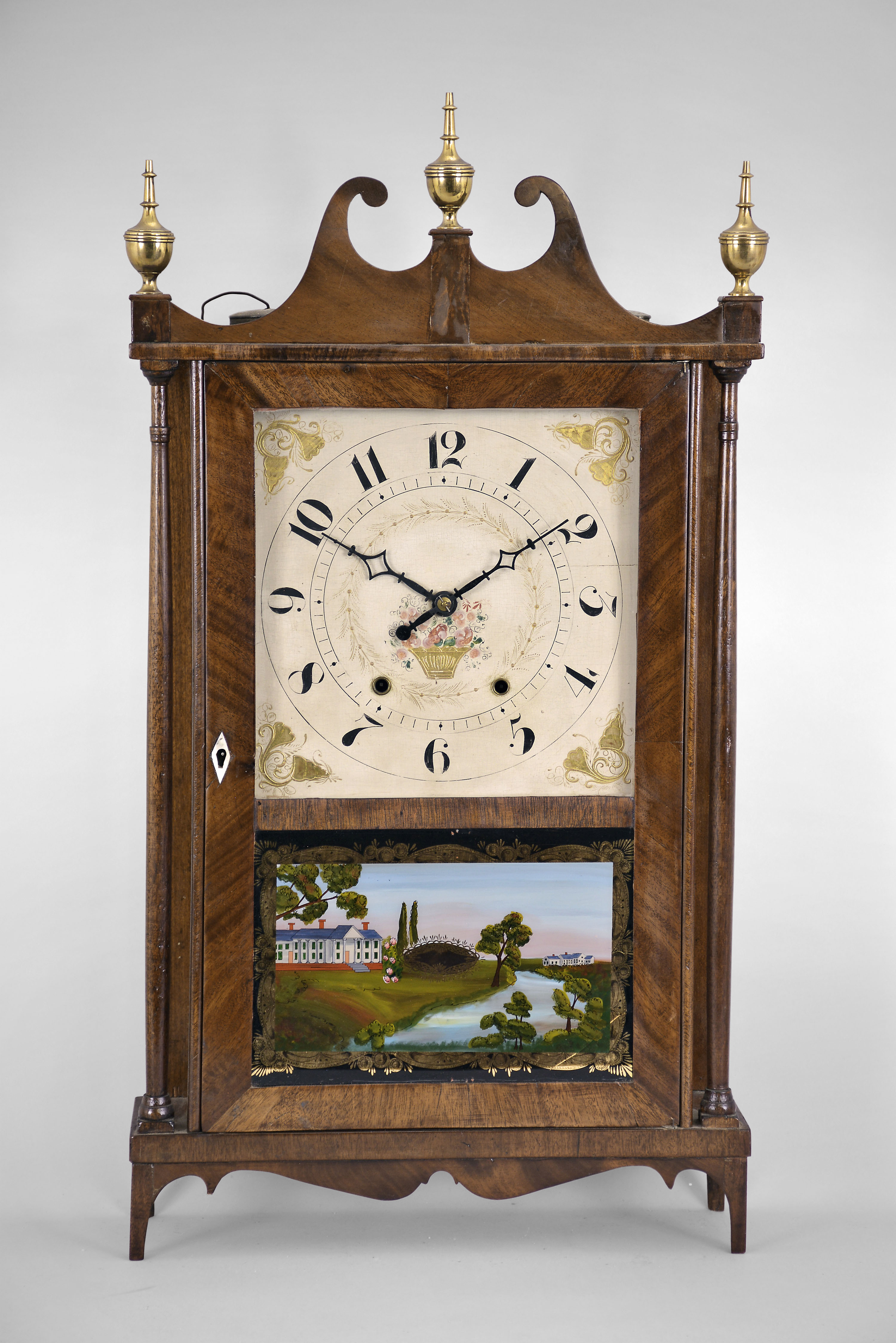 Wadsworth, Lounsbury & Turner, Litchfield, Conn., 30 hour, time and strike weight wood movement pillar & scroll shelf clock with a Riley Whiting label. — Antique Clocks Price Guide