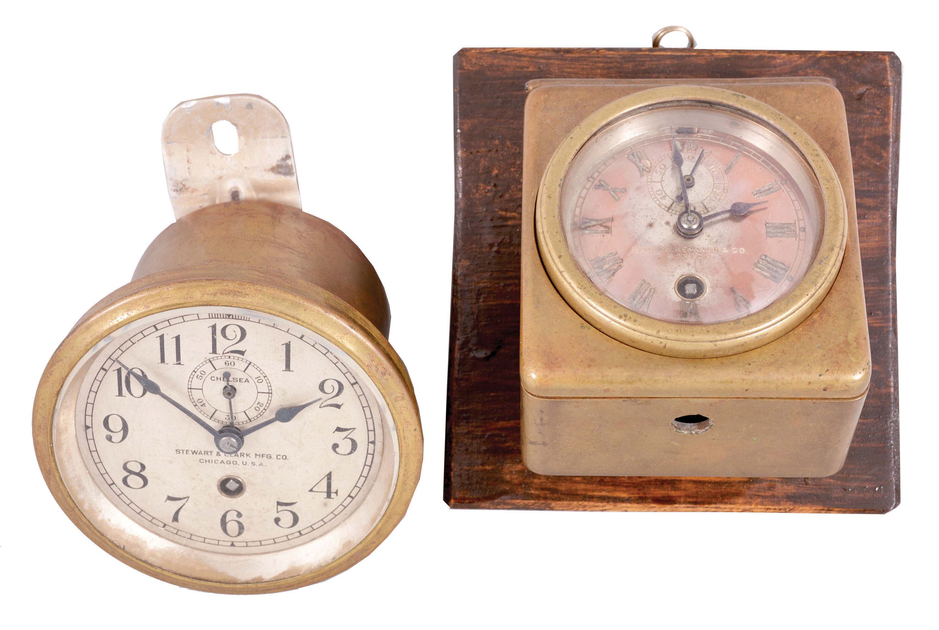 Clocks- 2 (Two) Chelsea Dash Clocks: (1) Chelsea Clock Co., Boston for Bigelow, Kennard, & Co., Boston, "Special Auto" car clock, 8 day, time only, spring-driven balance wheel movement with 2.75in silvered dial in a brass case which in turn is held within a brass dash-mounted case. Serial number 14117, c1906; (2) Chelsea Clock Co., Boston for Steward & Clark Mfg. Co., Chicago, 8 day, time only, spring-driven brass movement with a 3.5in silvered dial in a brass tub for mounting in a vehicle or instrument panel. Serial number 42828, c1909. — Antique Clocks Price Guide