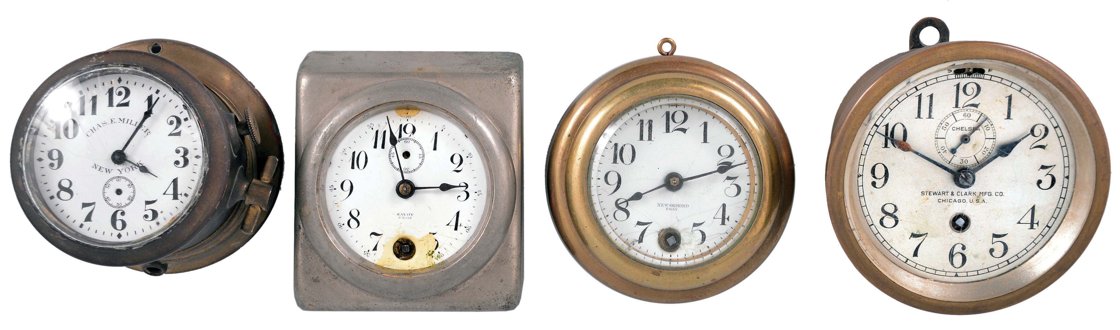 Clocks- 4 (Four) Dash-mounted Timepieces: items include timepiece by Chelsea Clock Co., Boston for Steward & Clark Mfg. Co., Chicago; Chas. E. Miller, New York timepiece in a brass case with enamel dial; New Haven Clock Co., "New Ormond" 8 day, timepiece in a brass case; New Haven "Savoy" 8 day, timepiece in nickel plated case. — Antique Clocks Price Guide